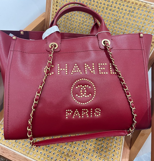 Pre-owned Certified Chanel Deauville Tote GM Burgundy Caviar Leather with Golden Hardware, 2019, w/ dust bag