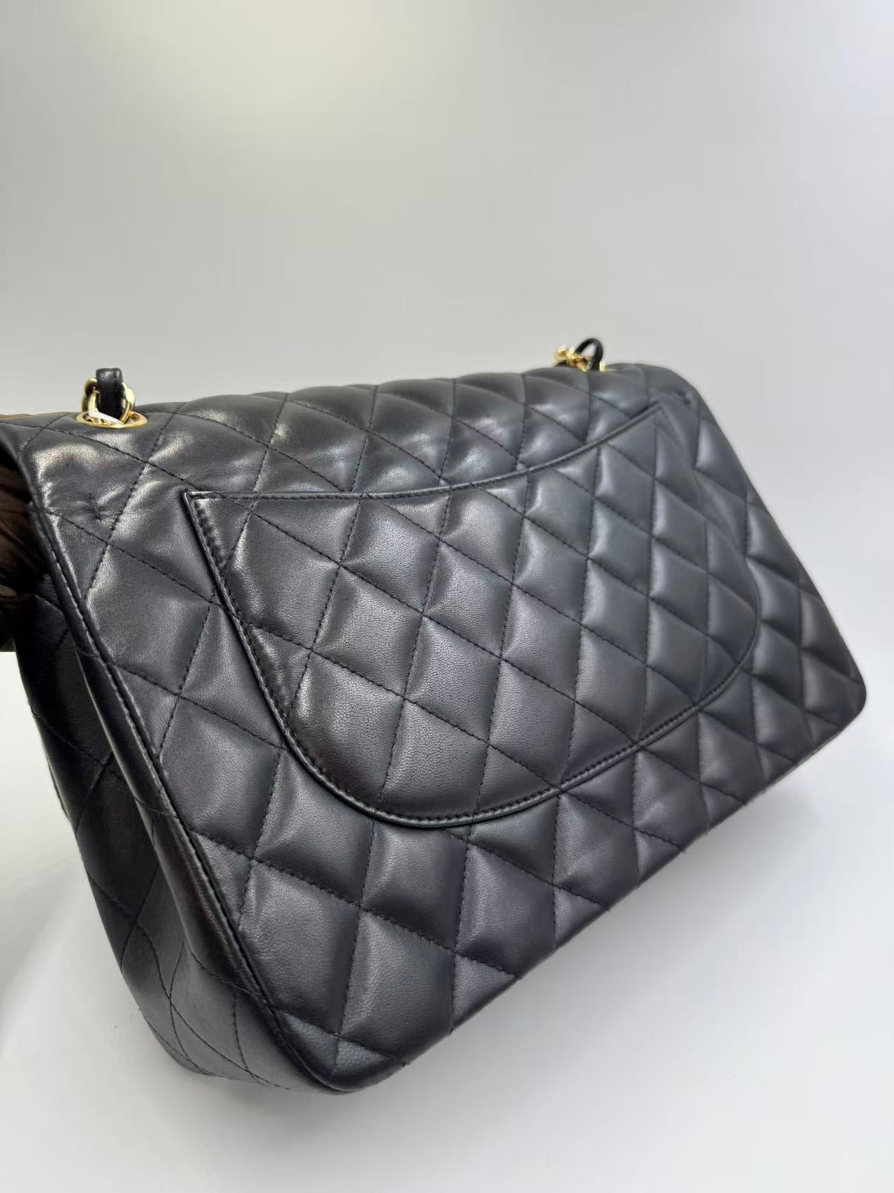 Pre-owned Certified Chanel Jumbo CF Double Flap in Black Lambskin with Golden Hardware, 2014, w/ Full Set