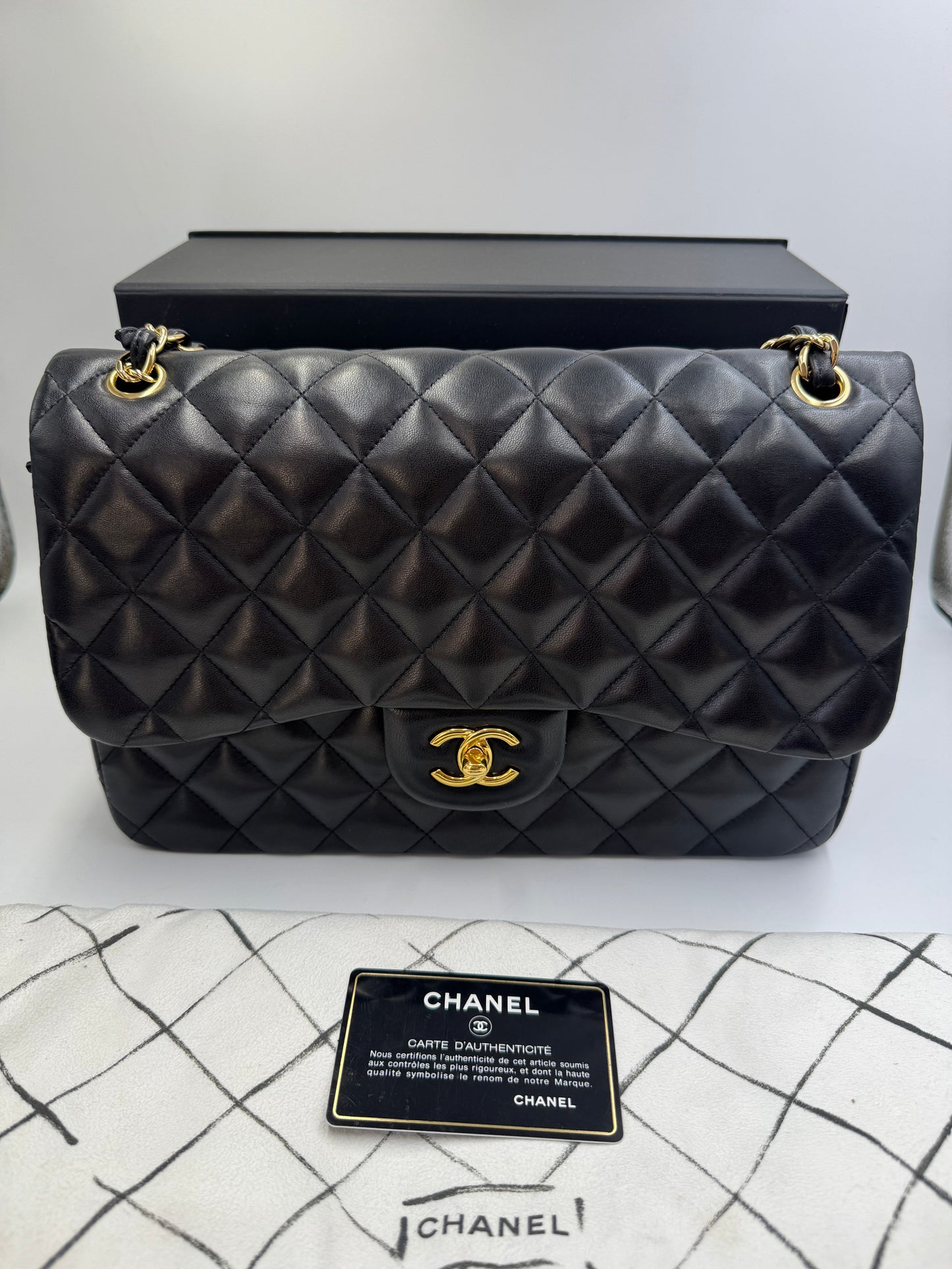 Pre-owned Certified Chanel Jumbo CF Double Flap in Black Lambskin with Golden Hardware, 2014, w/ Full Set