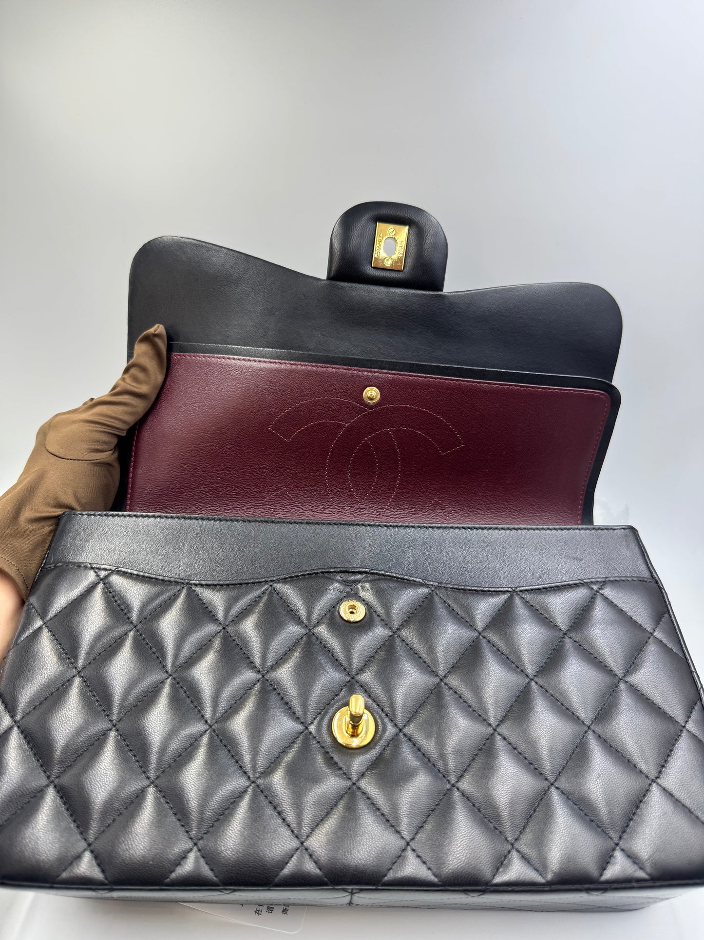 Pre-owned Certified Chanel Jumbo CF Double Flap in Black Lambskin with Golden Hardware, 2014, w/ Full Set