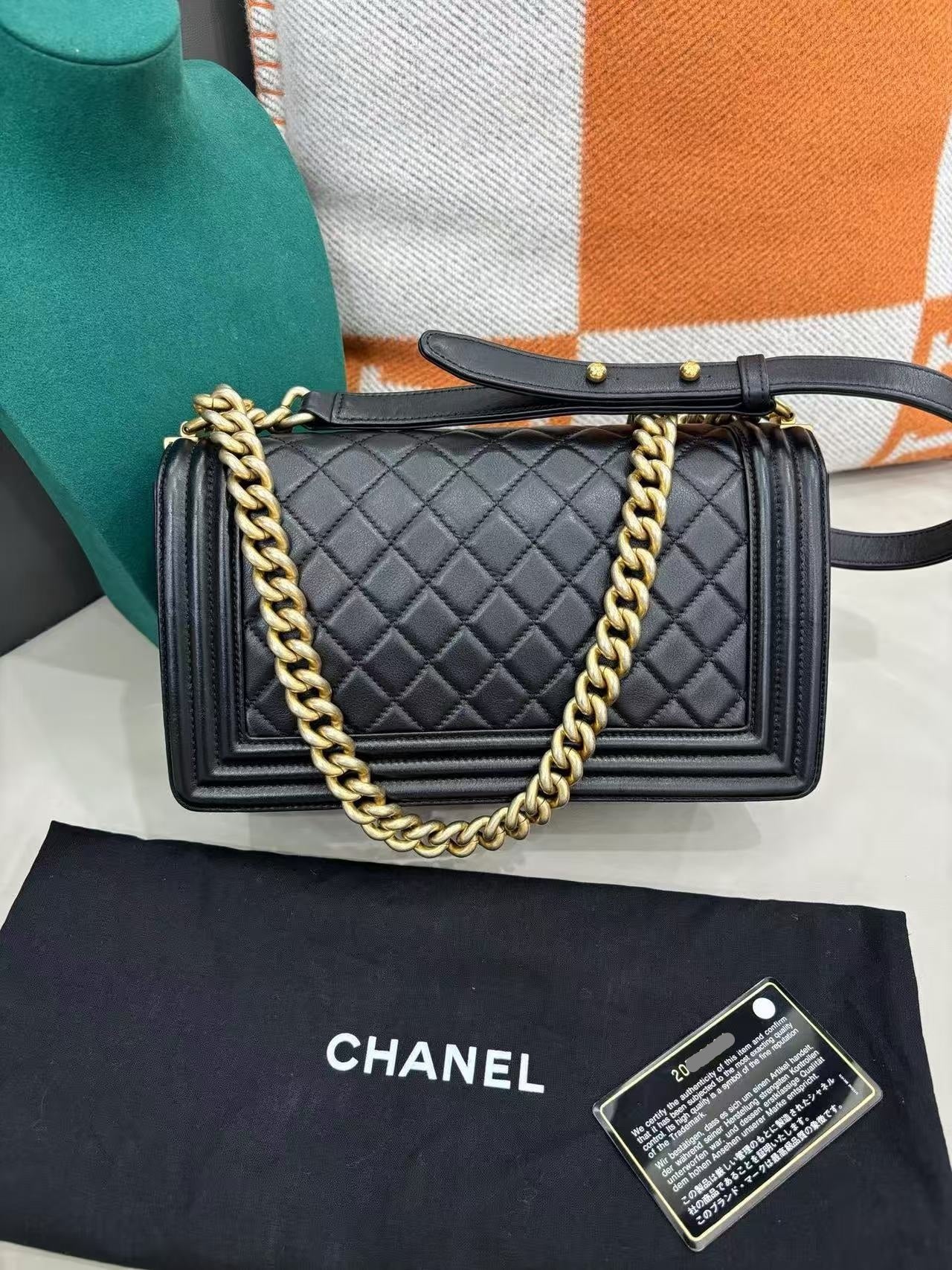 Pre-owned Certified Chanel Le Boy Bag Medium in Black Calfskin with Golden Hardware, 2014-2015