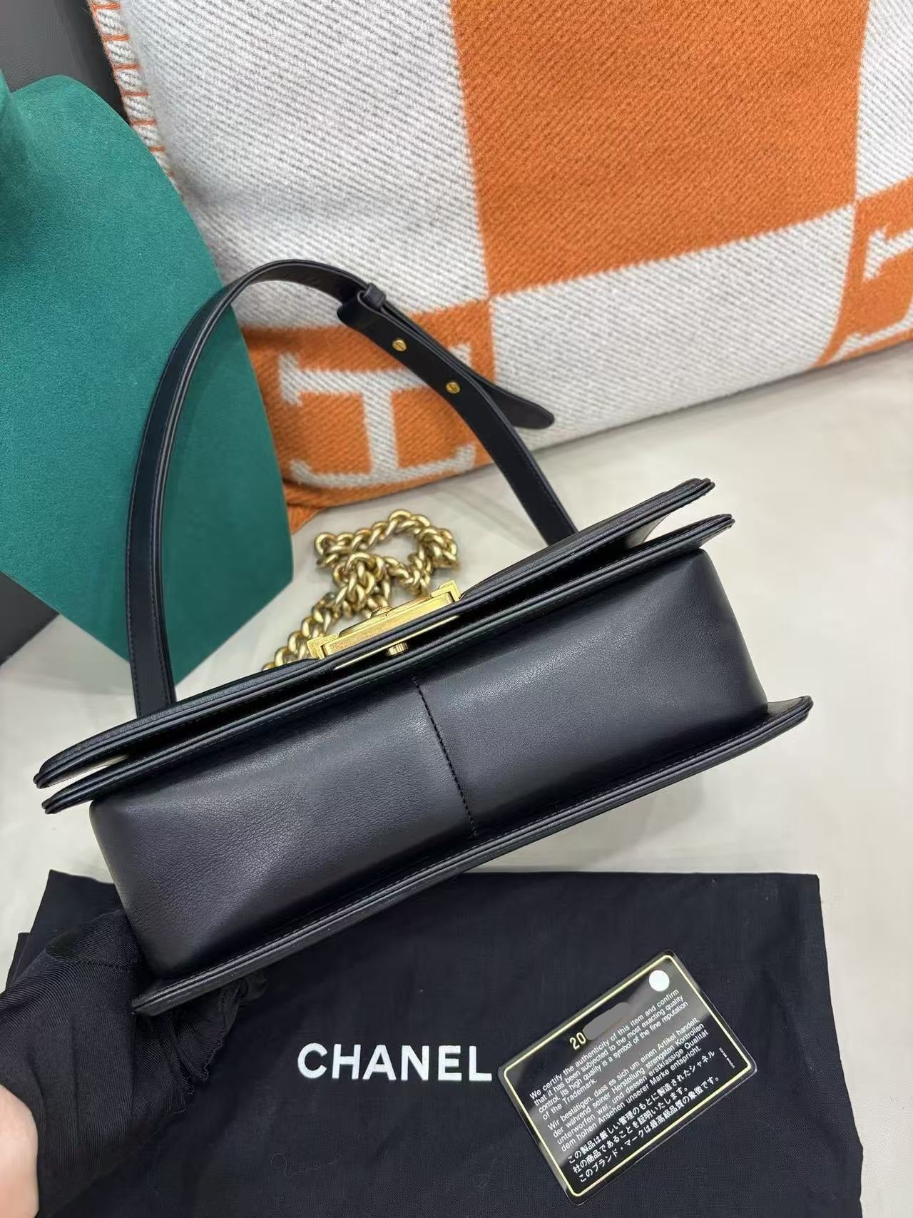 Pre-owned Certified Chanel Le Boy Bag Medium in Black Calfskin with Golden Hardware, 2014-2015