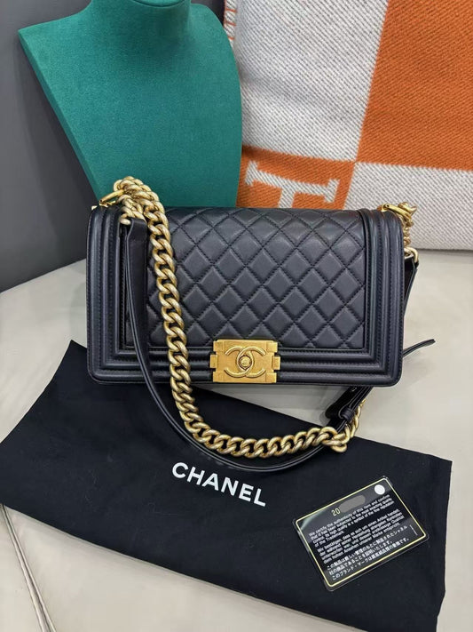 Pre-owned Certified Chanel Le Boy Bag Medium in Black Calfskin with Golden Hardware, 2014-2015