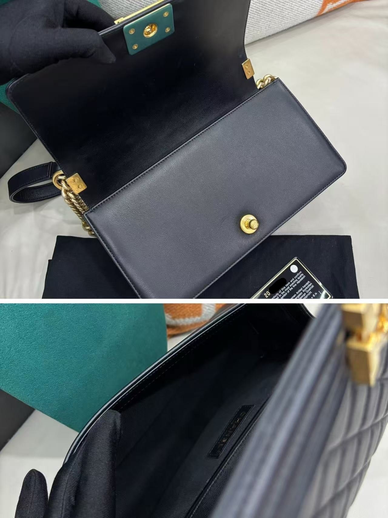 Pre-owned Certified Chanel Le Boy Bag Medium in Black Calfskin with Golden Hardware, 2014-2015