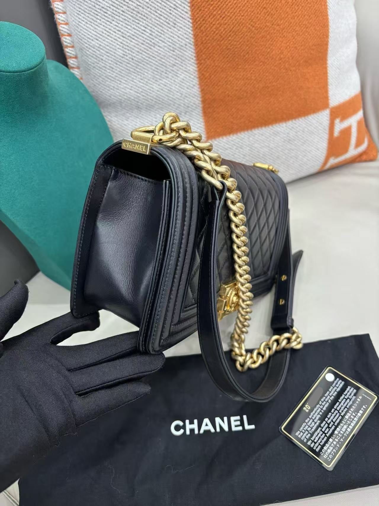 Pre-owned Certified Chanel Le Boy Bag Medium in Black Calfskin with Golden Hardware, 2014-2015
