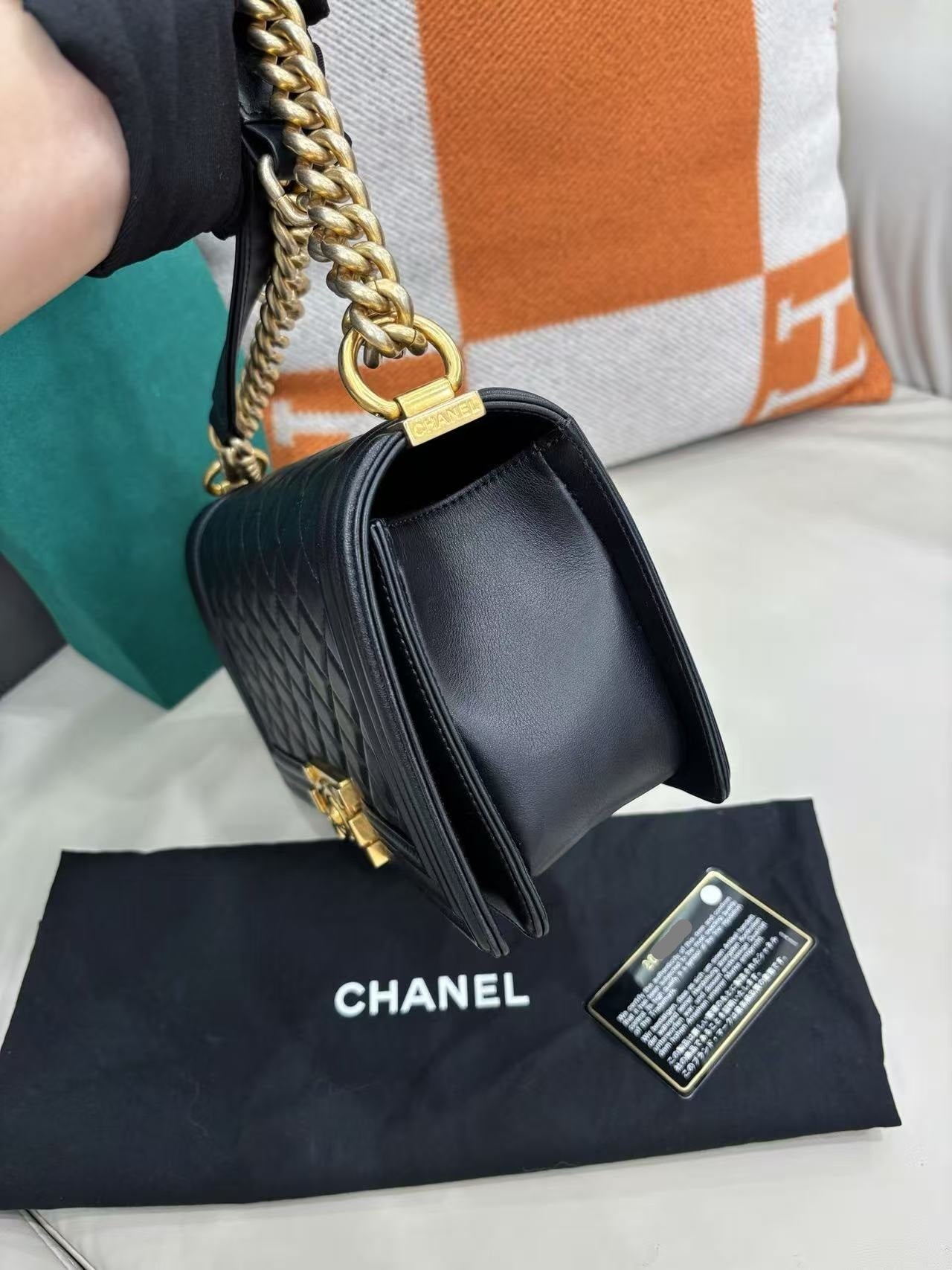 Pre-owned Certified Chanel Le Boy Bag Medium in Black Calfskin with Golden Hardware, 2014-2015