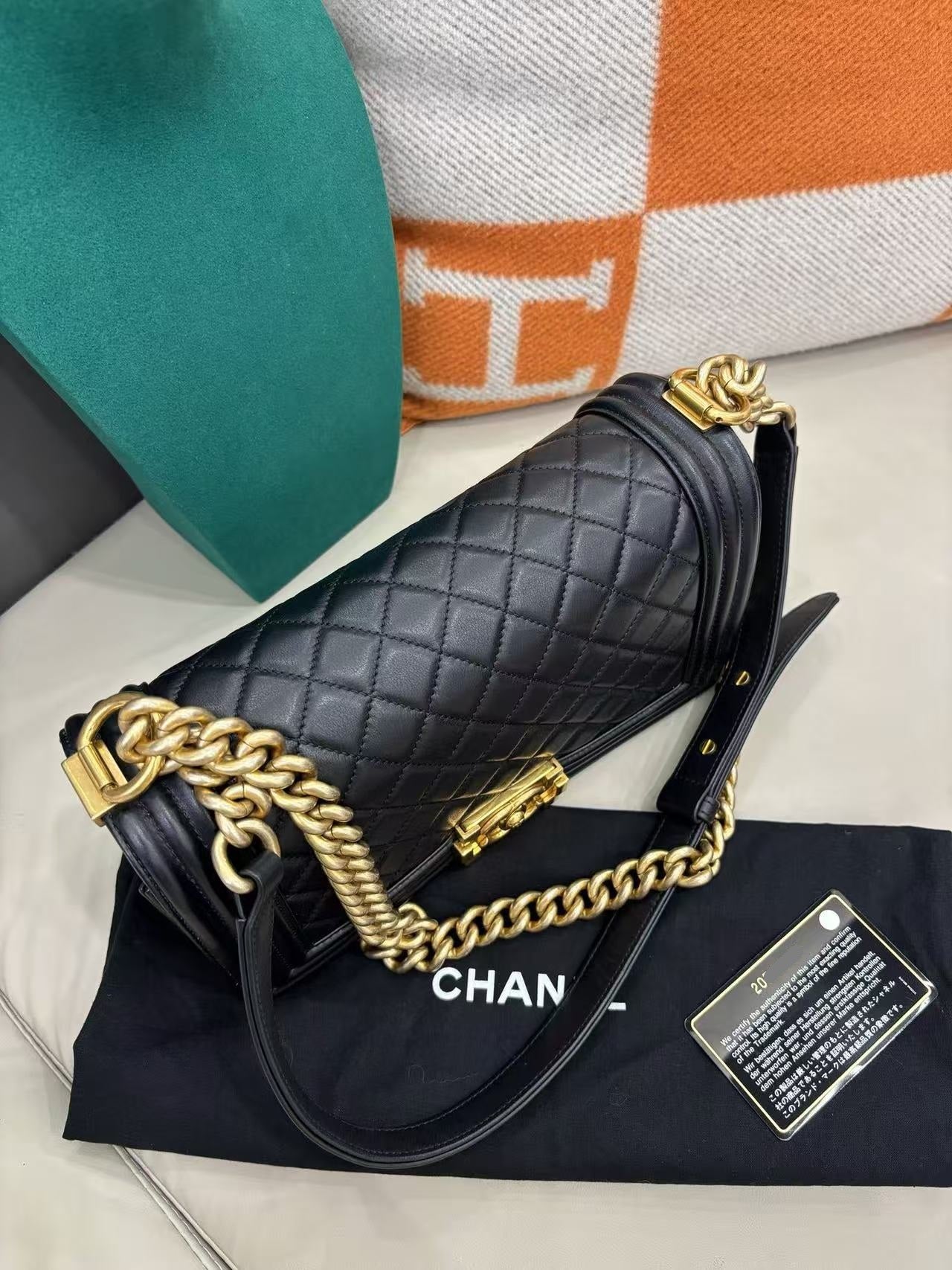 Pre-owned Certified Chanel Le Boy Bag Medium in Black Calfskin with Golden Hardware, 2014-2015