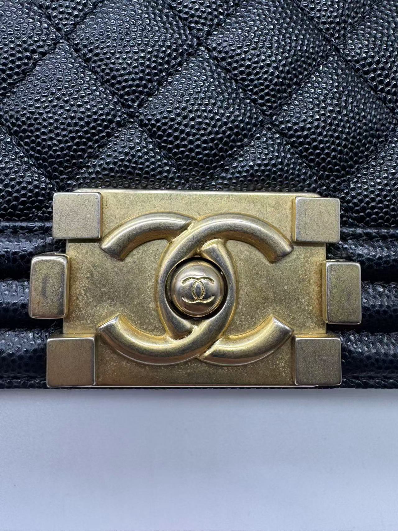 Pre-owned Certified Chanel Medium Boy Bag in Black Caviar Leather with Golden Hardware, 2020, w/ Full set