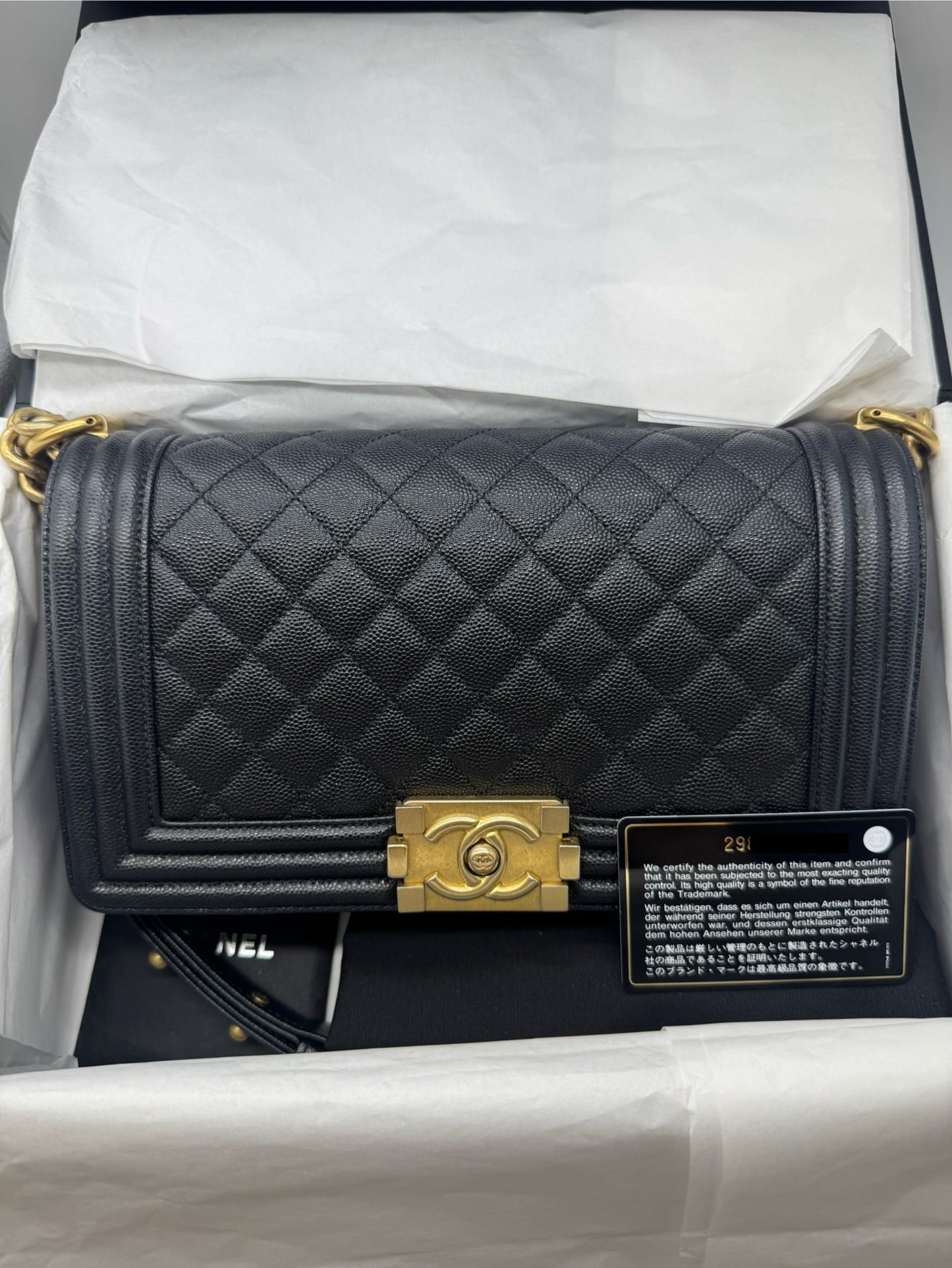 Pre-owned Certified Chanel Medium Boy Bag in Black Caviar Leather with Golden Hardware, 2020, w/ Full set