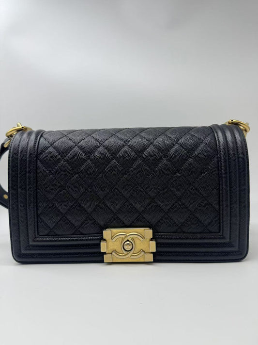 Pre-owned Certified Chanel Medium Boy Bag in Black Caviar Leather with Golden Hardware, 2020, w/ Full set