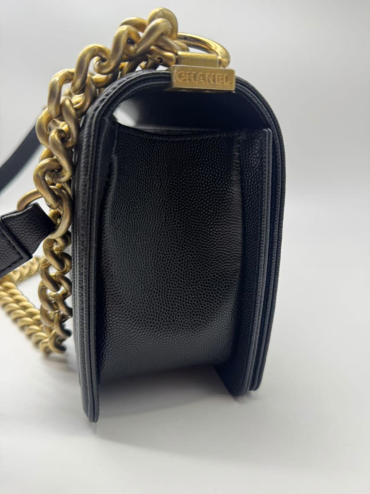 Pre-owned Certified Chanel Medium Boy Bag in Black Caviar Leather with Golden Hardware, 2020, w/ Full set