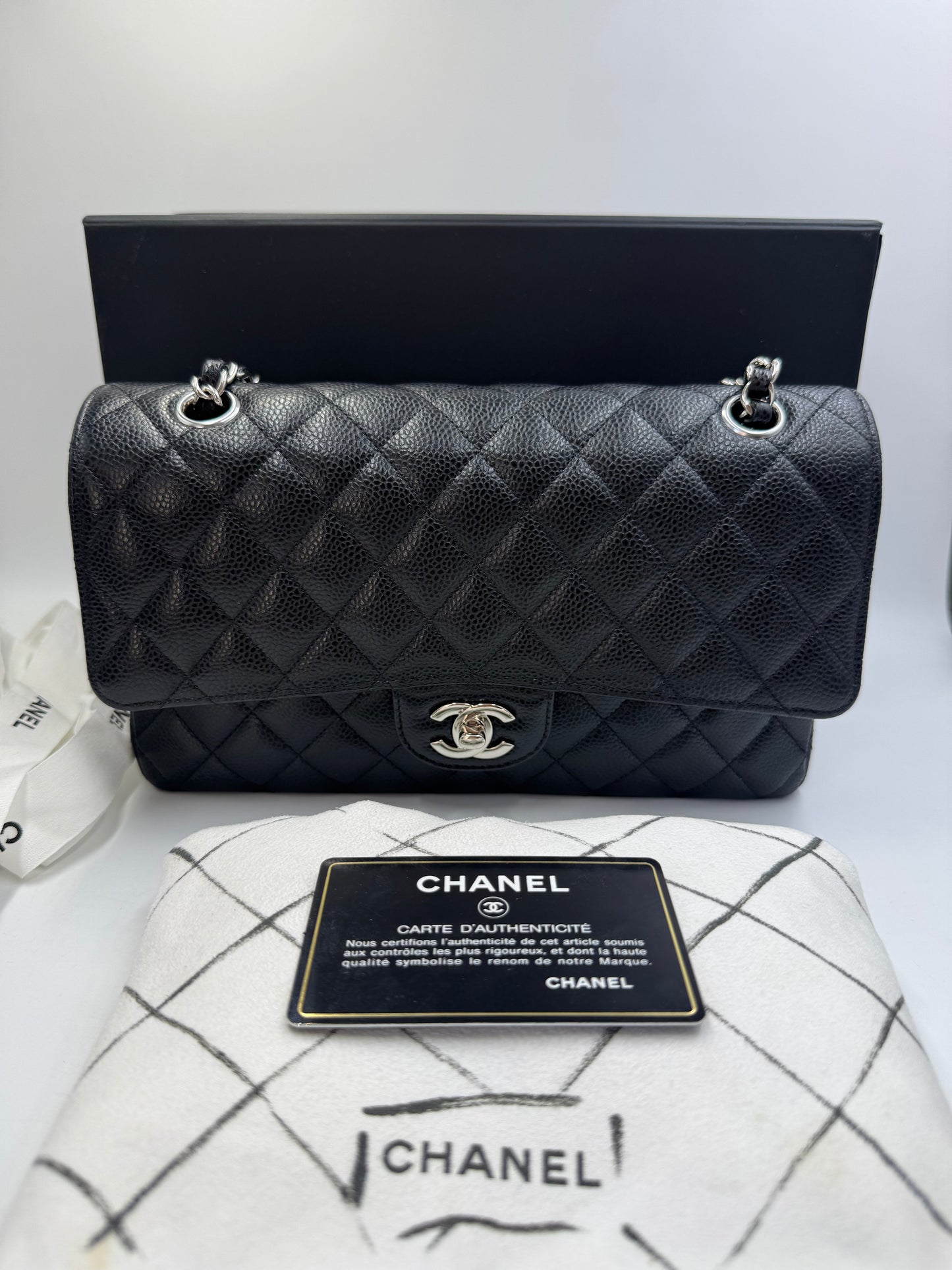Pre-owned Certified Chanel Medium CF Double Classic Flap in Black Caviar Leather with Silver Hardware, 2020, w/ Full Set