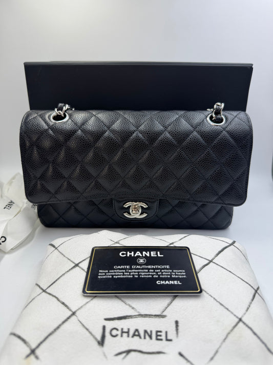Pre-owned Certified Chanel Medium CF Double Classic Flap in Black Caviar Leather with Silver Hardware, 2020, w/ Full Set