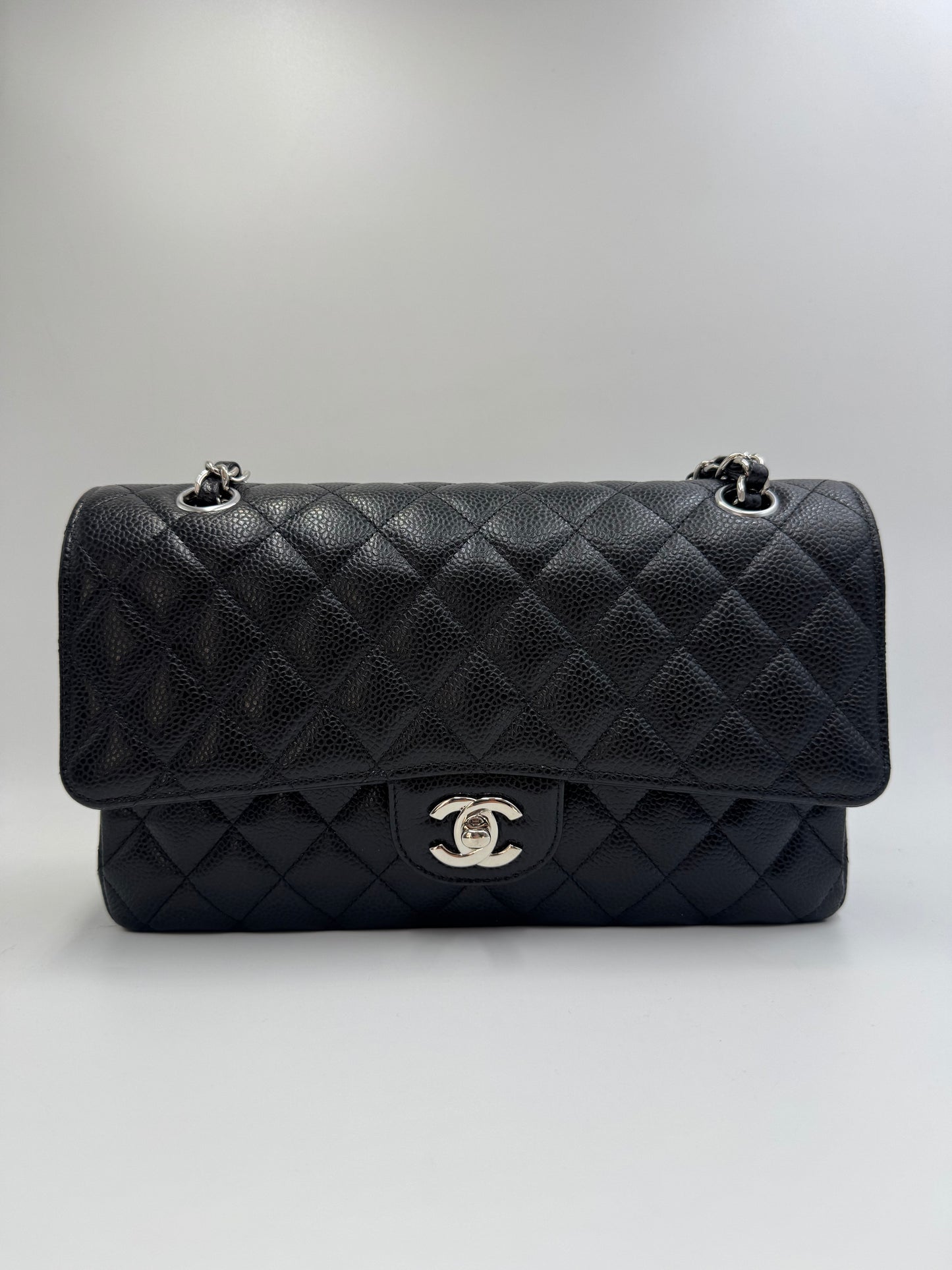 Pre-owned Certified Chanel Medium CF Double Classic Flap in Black Caviar Leather with Silver Hardware, 2020, w/ Full Set