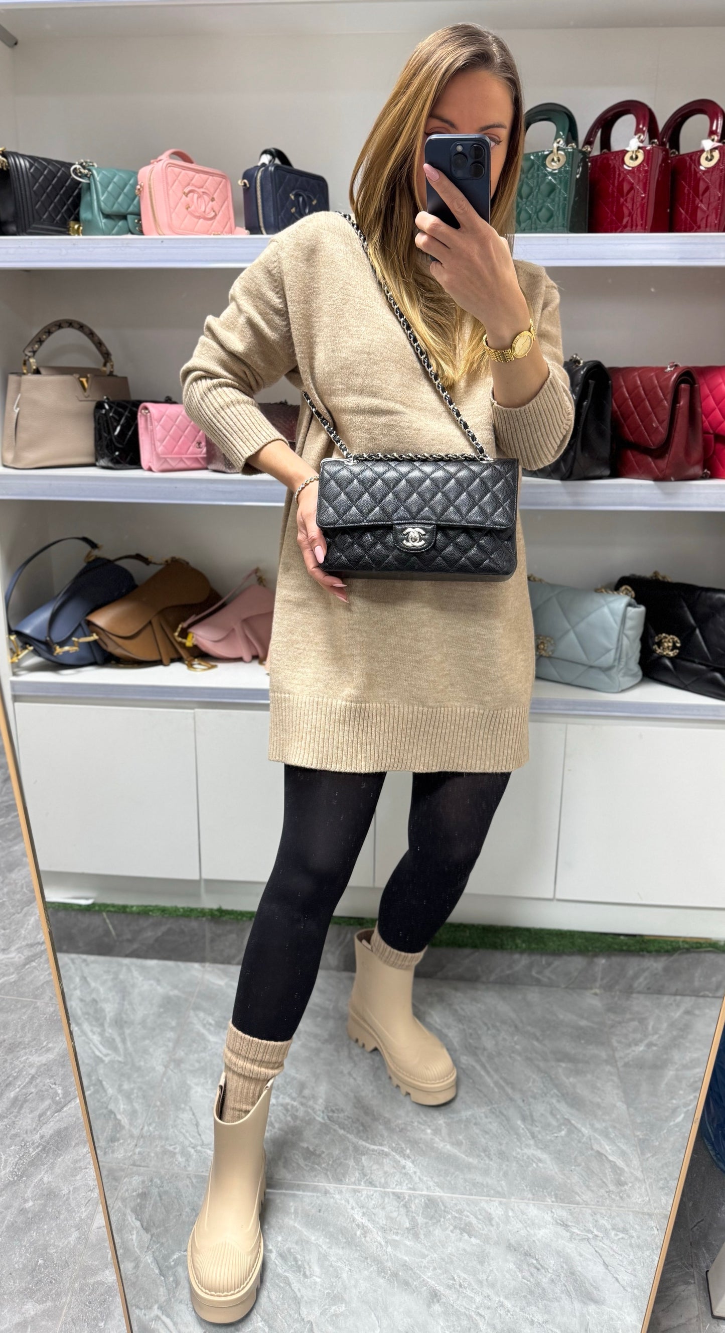 Pre-owned Certified Chanel Medium CF Double Classic Flap in Black Caviar Leather with Silver Hardware, 2020, w/ Full Set