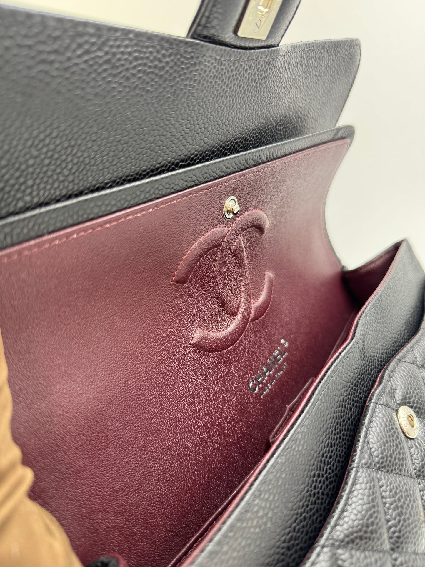 Pre-owned Certified Chanel Medium CF Double Classic Flap in Black Caviar Leather with Silver Hardware, 2020, w/ Full Set