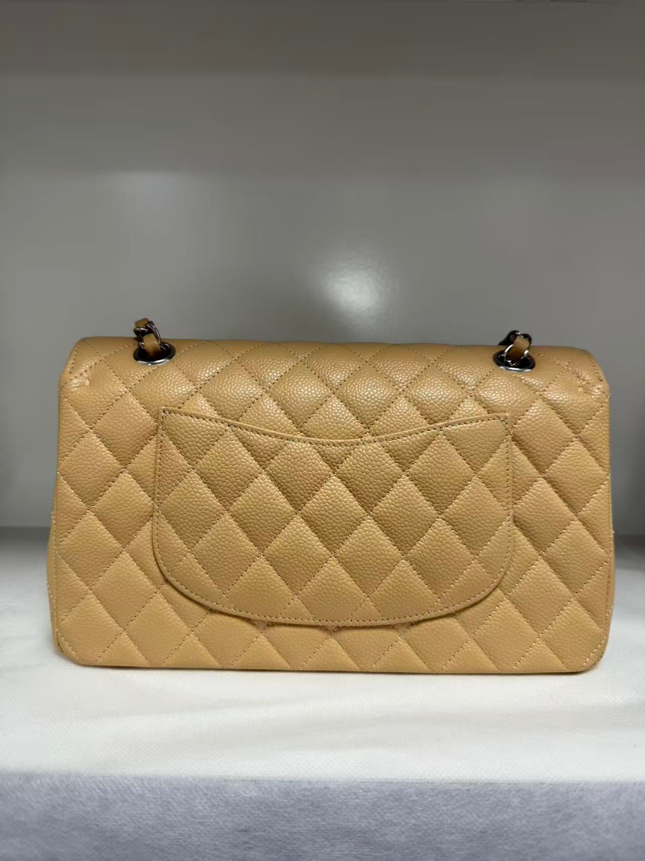 Pre-owned Certified Chanel Medium CF Double Flap Beige Caviar Leather with Silver Hardware, 2018, w/ full set