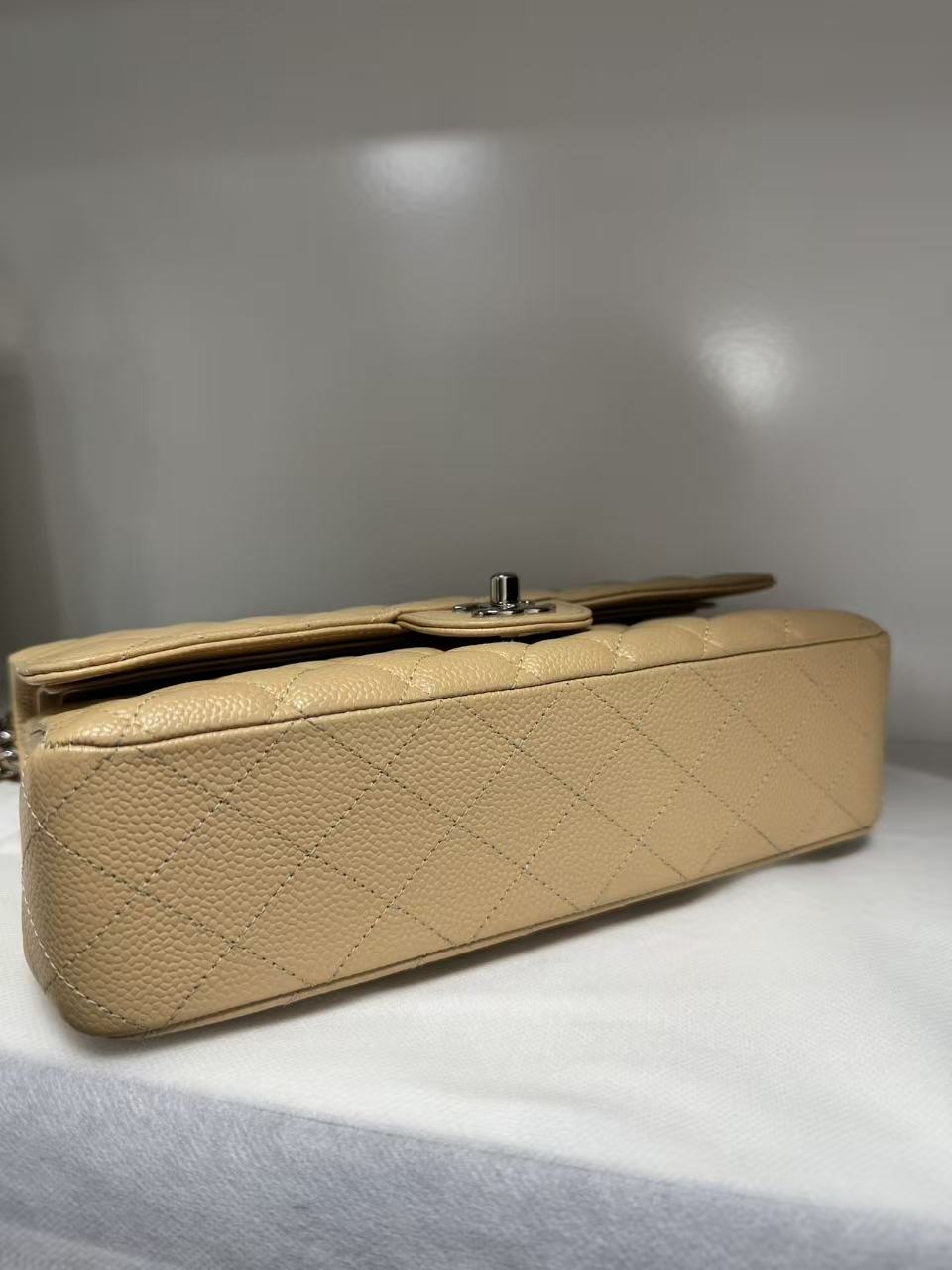 Pre-owned Certified Chanel Medium CF Double Flap Beige Caviar Leather with Silver Hardware, 2018, w/ full set