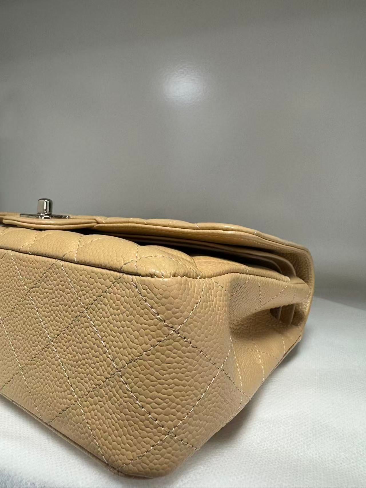 Pre-owned Certified Chanel Medium CF Double Flap Beige Caviar Leather with Silver Hardware, 2018, w/ full set