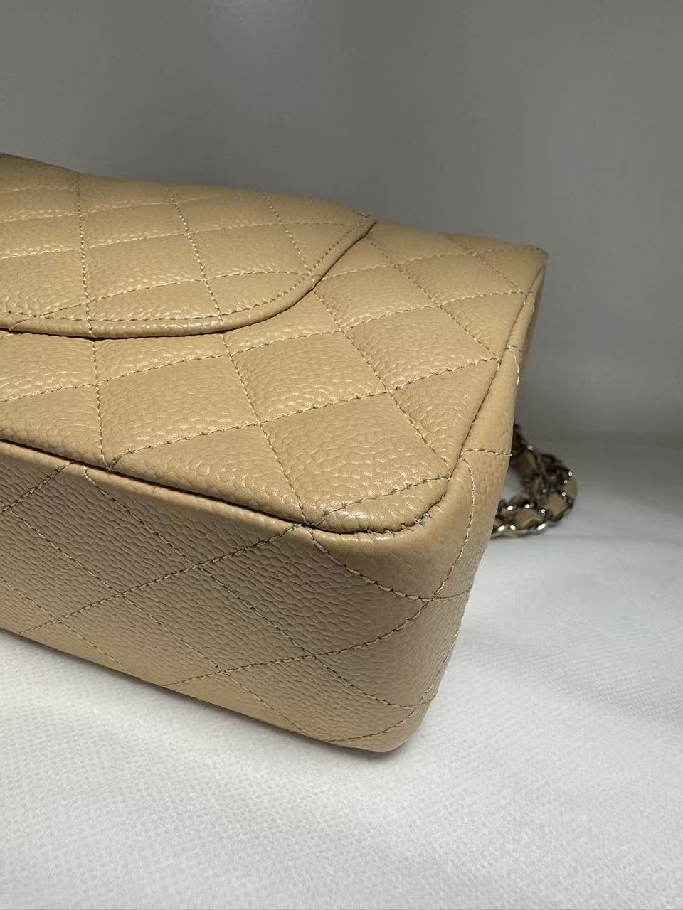 Pre-owned Certified Chanel Medium CF Double Flap Beige Caviar Leather with Silver Hardware, 2018, w/ full set
