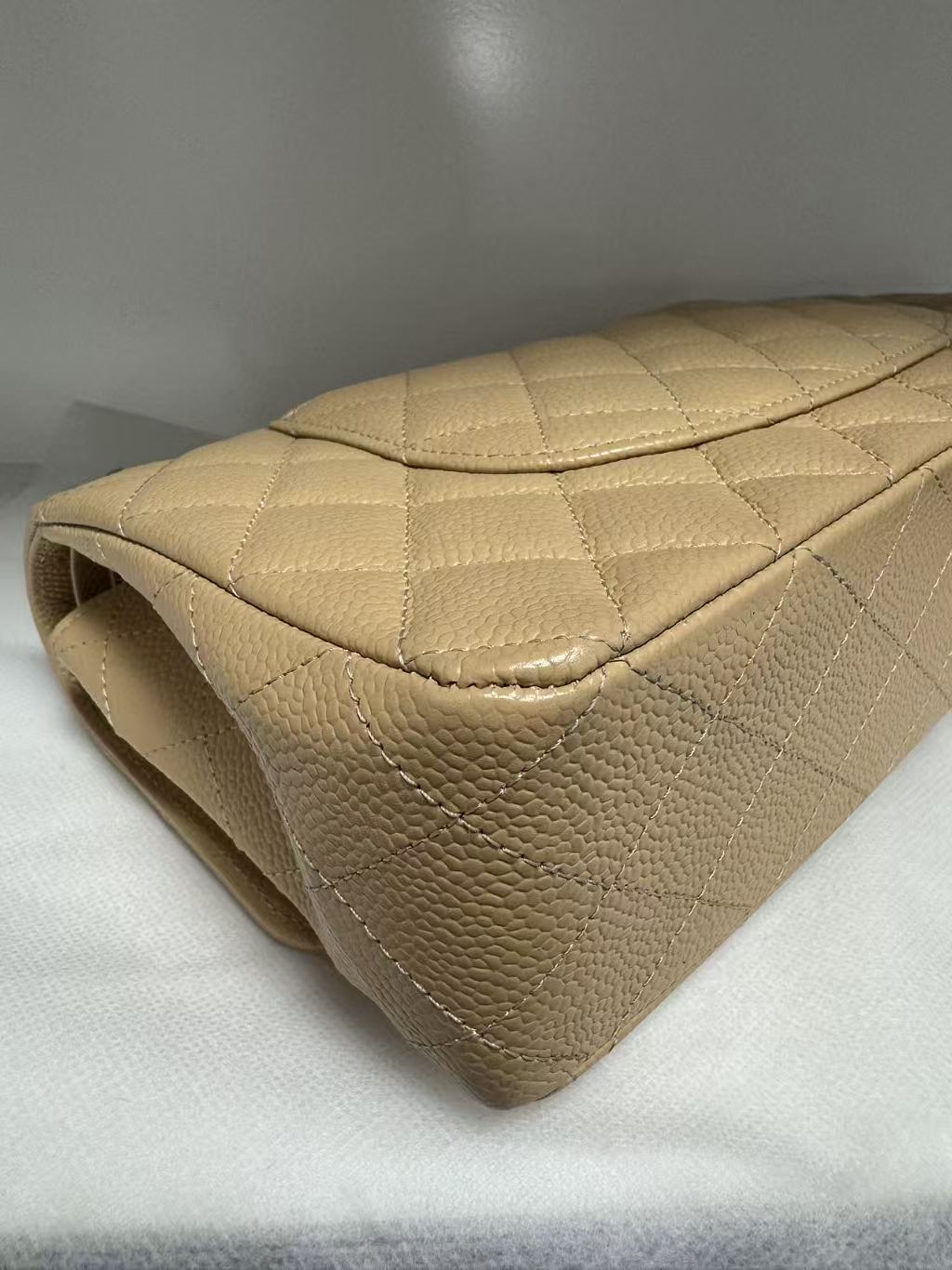 Pre-owned Certified Chanel Medium CF Double Flap Beige Caviar Leather with Silver Hardware, 2018, w/ full set