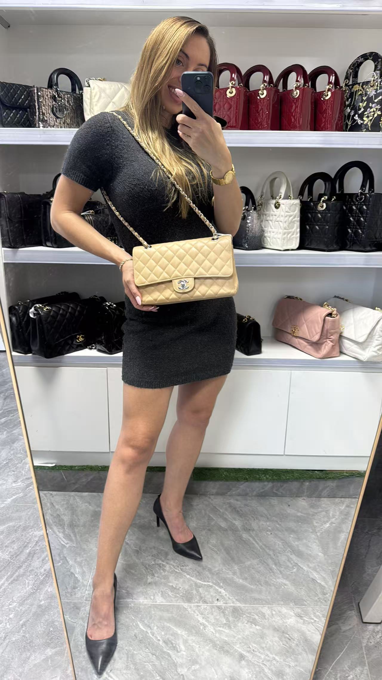 Pre-owned Certified Chanel Medium CF Double Flap Beige Caviar Leather with Silver Hardware, 2018, w/ full set