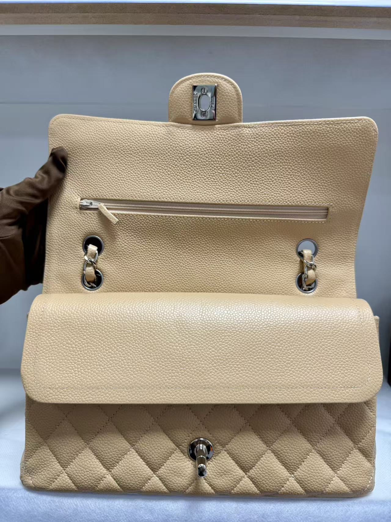 Pre-owned Certified Chanel Medium CF Double Flap Beige Caviar Leather with Silver Hardware, 2018, w/ full set