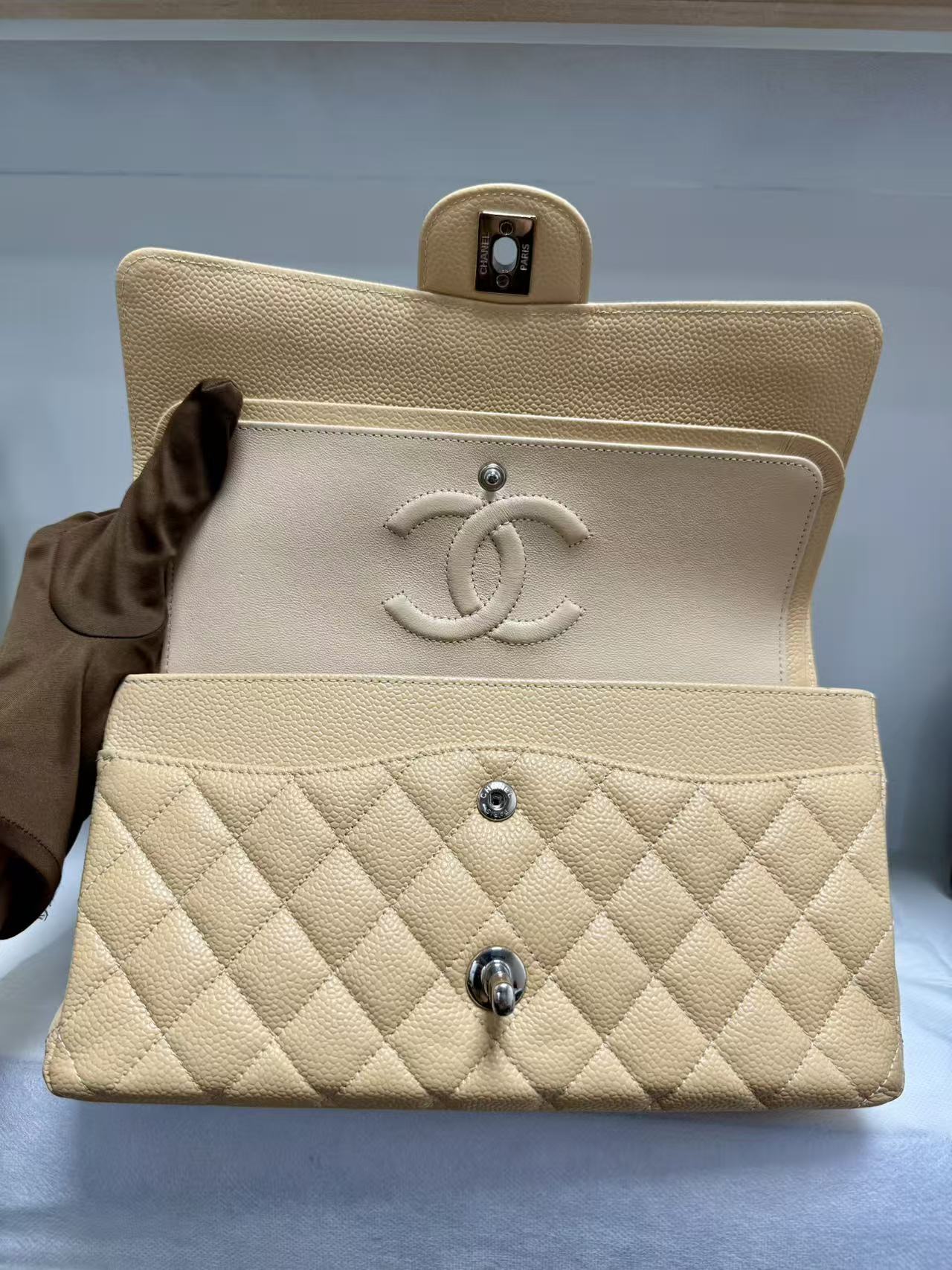 Pre-owned Certified Chanel Medium CF Double Flap Beige Caviar Leather with Silver Hardware, 2018, w/ full set