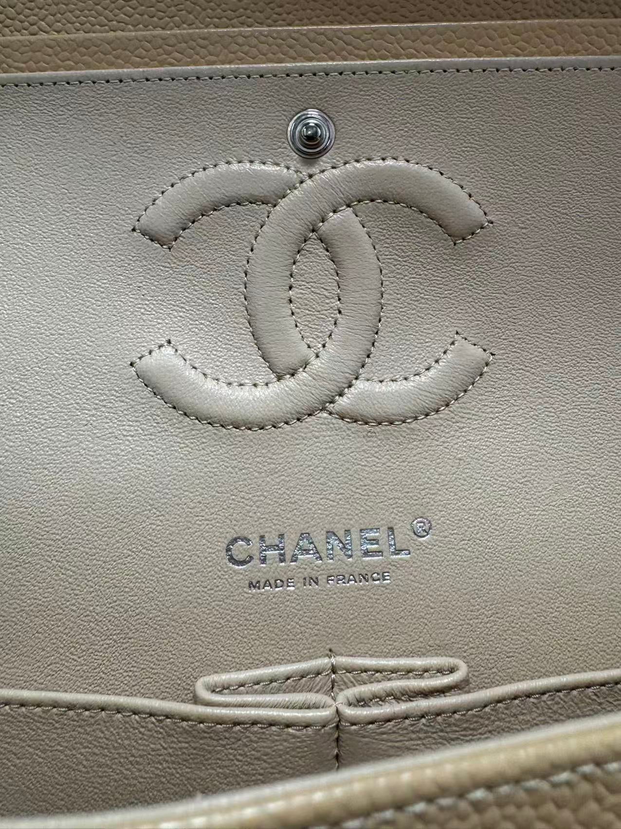 Pre-owned Certified Chanel Medium CF Double Flap Beige Caviar Leather with Silver Hardware, 2018, w/ full set
