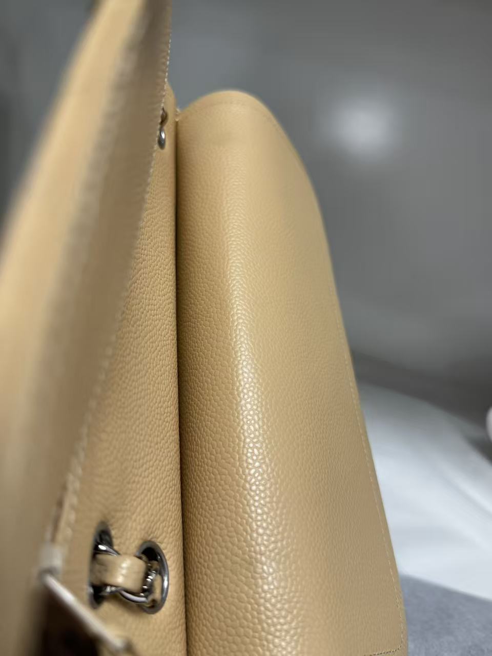 Pre-owned Certified Chanel Medium CF Double Flap Beige Caviar Leather with Silver Hardware, 2018, w/ full set