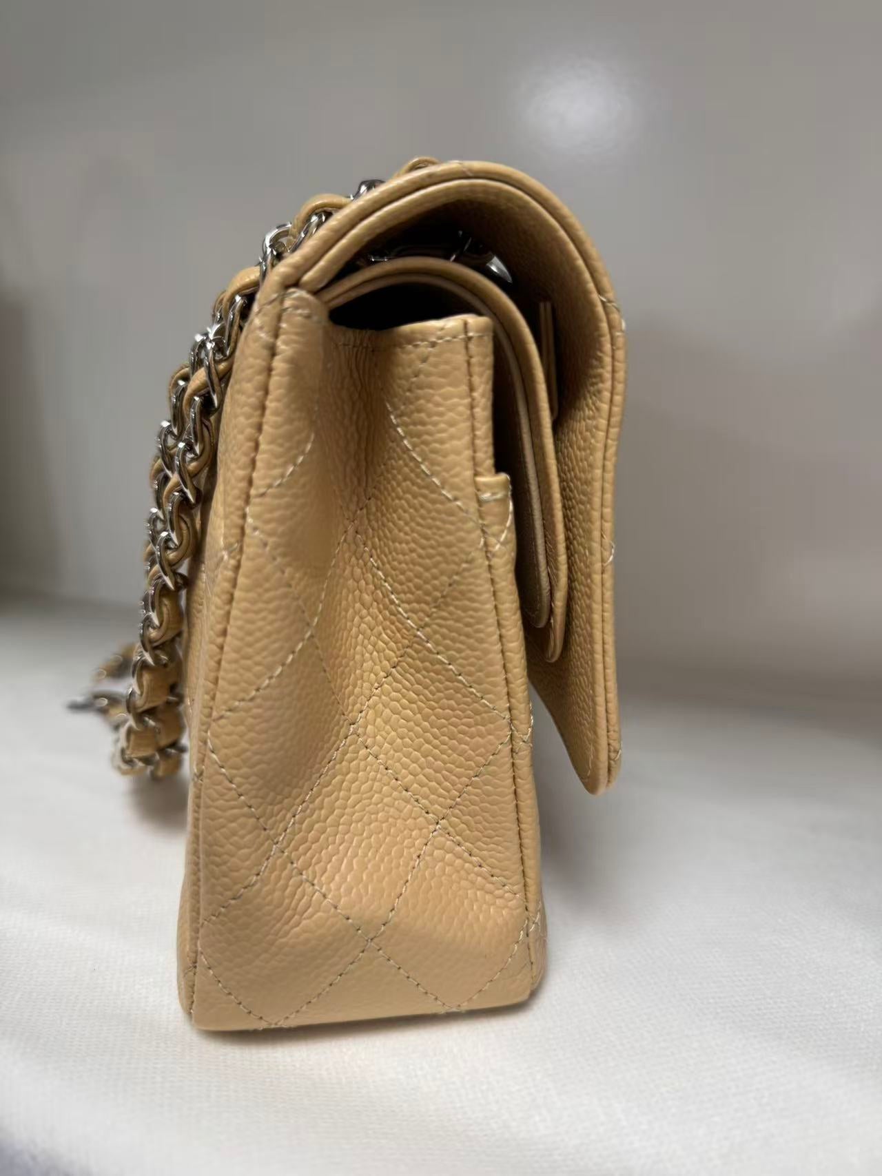 Pre-owned Certified Chanel Medium CF Double Flap Beige Caviar Leather with Silver Hardware, 2018, w/ full set