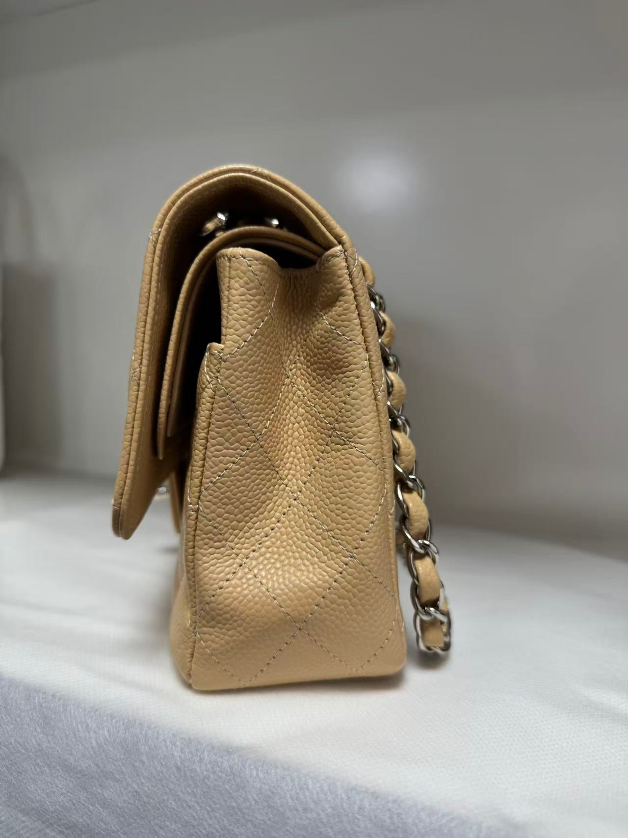 Pre-owned Certified Chanel Medium CF Double Flap Beige Caviar Leather with Silver Hardware, 2018, w/ full set