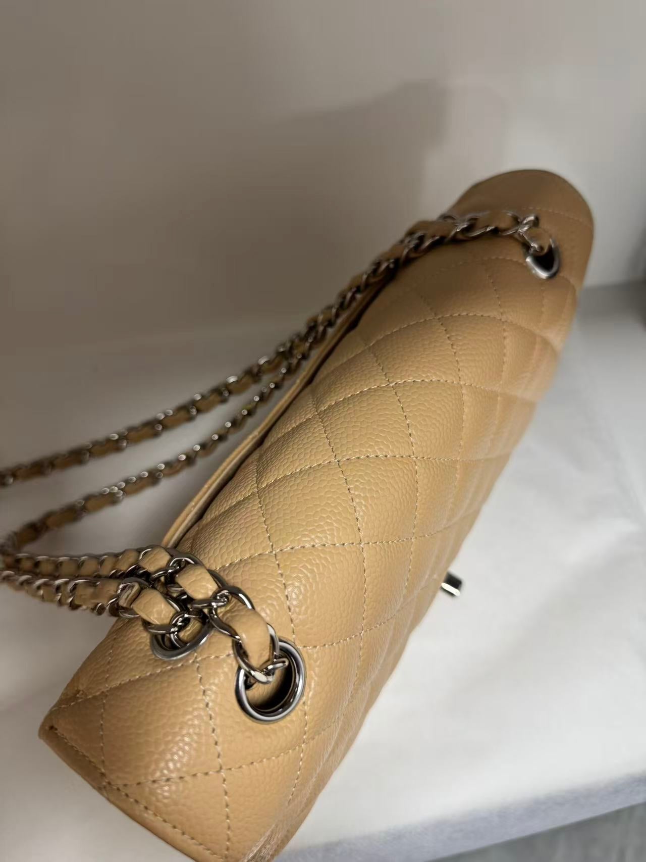 Pre-owned Certified Chanel Medium CF Double Flap Beige Caviar Leather with Silver Hardware, 2018, w/ full set