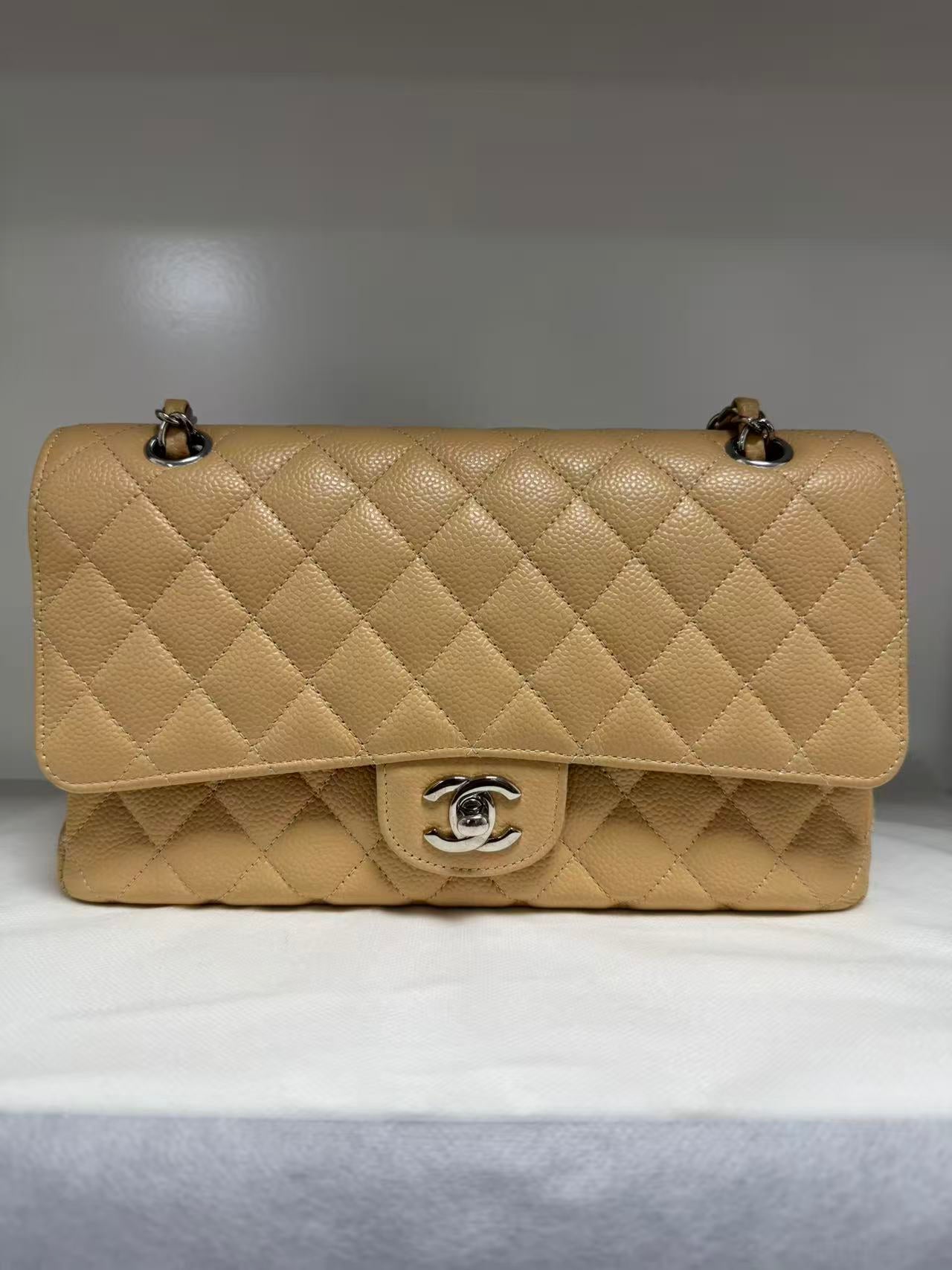 Pre-owned Certified Chanel Medium CF Double Flap Beige Caviar Leather with Silver Hardware, 2018, w/ full set