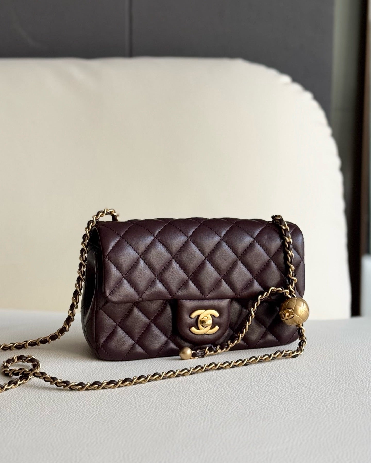 Pre-owned Certified Chanel Mini CF Rectangle Pearl Crush in Deep Burgundy Brown Lambskin with Golden Hardware, 2025 Microchipped, w/ full set