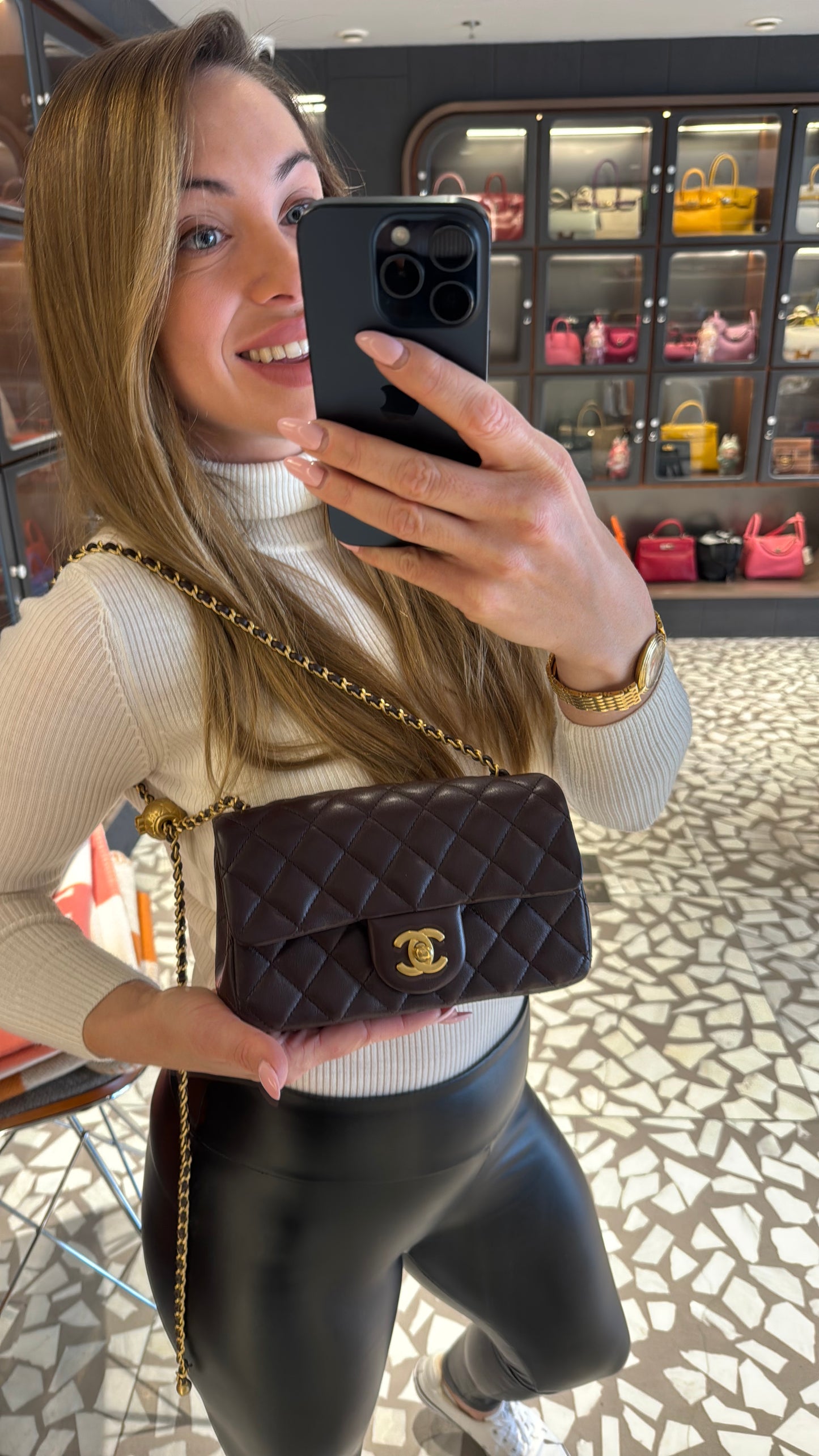 Pre-owned Certified Chanel Mini CF Rectangle Pearl Crush in Deep Burgundy Brown Lambskin with Golden Hardware, 2025 Microchipped, w/ full set