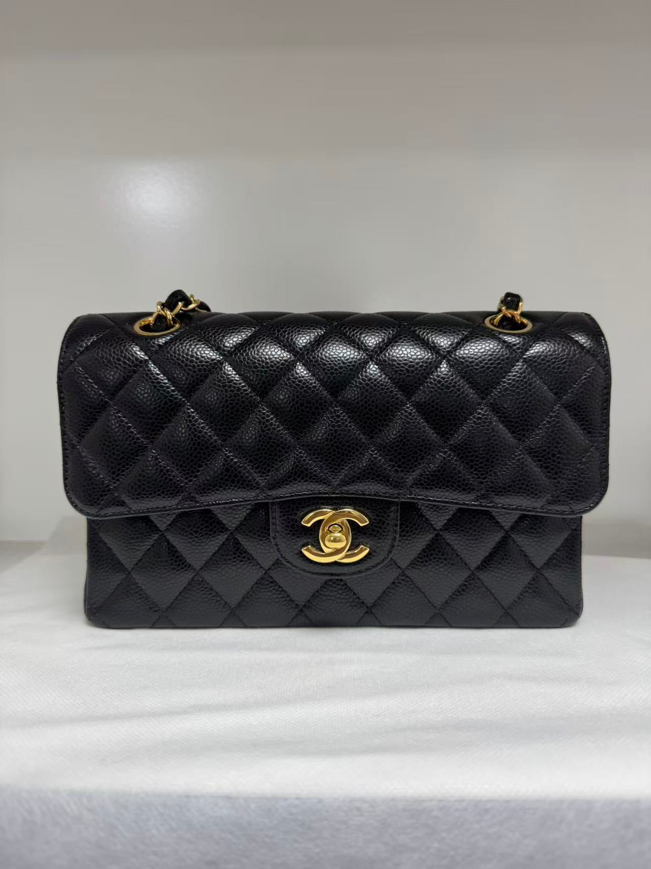 Pre-owned Certified Chanel Small CF Classic Double Flap Black Caviar Leather with Golden Hardware, 2022 Microchipped, w/ full set