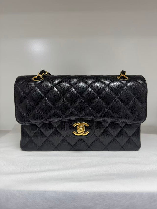 Pre-owned Certified Chanel Small CF Classic Double Flap Black Caviar Leather with Golden Hardware, 2022 Microchipped, w/ full set