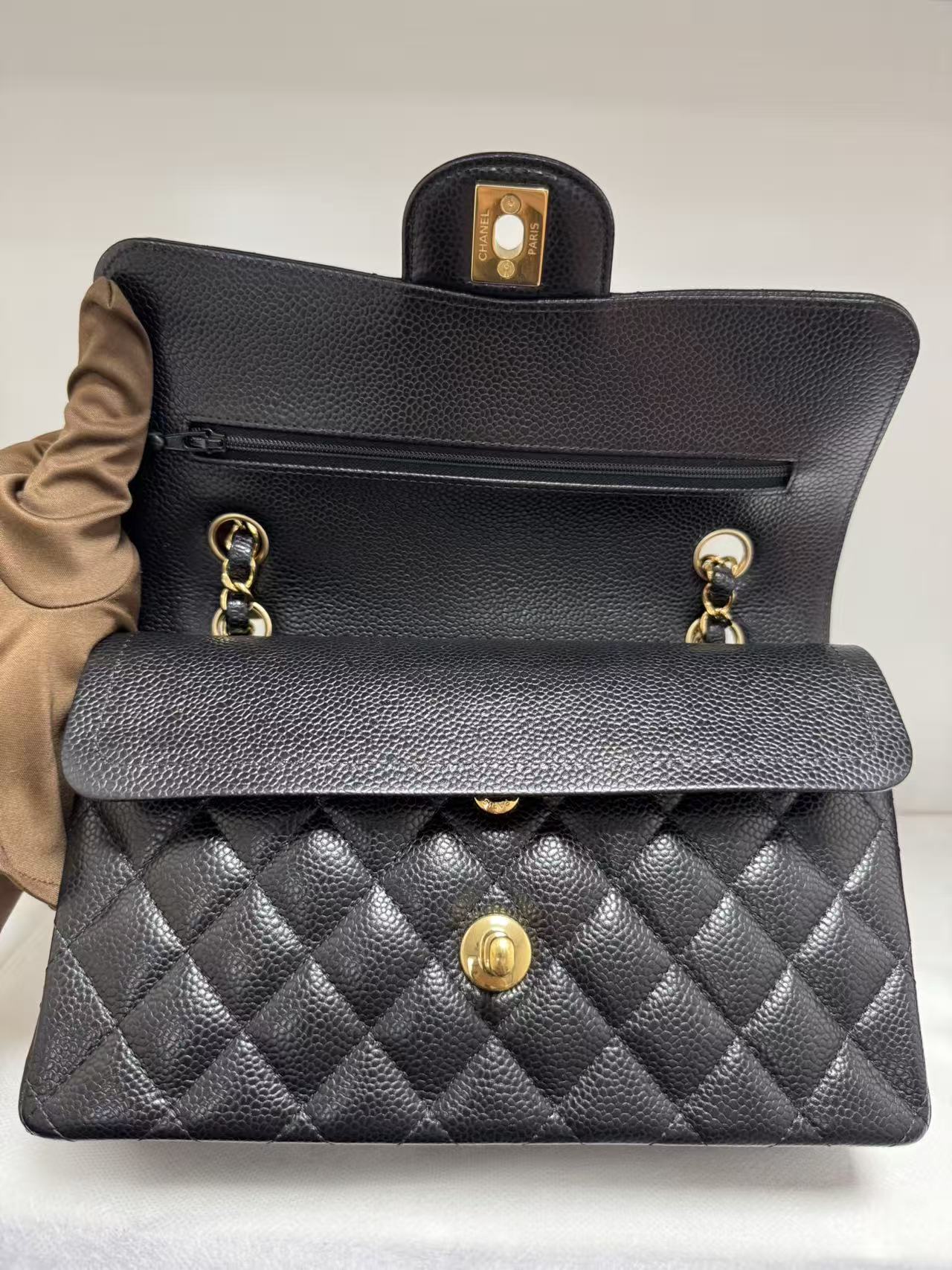 Pre-owned Certified Chanel Small CF Classic Double Flap Black Caviar Leather with Golden Hardware, 2022 Microchipped, w/ full set
