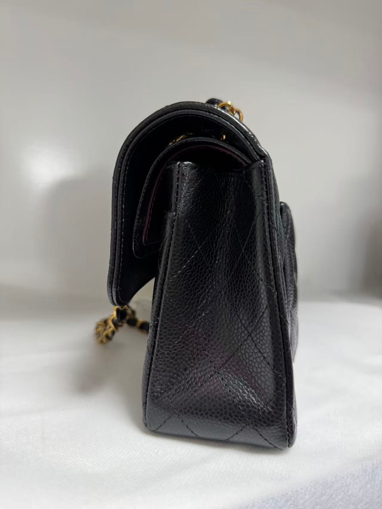 Pre-owned Certified Chanel Small CF Classic Double Flap Black Caviar Leather with Golden Hardware, 2022 Microchipped, w/ full set