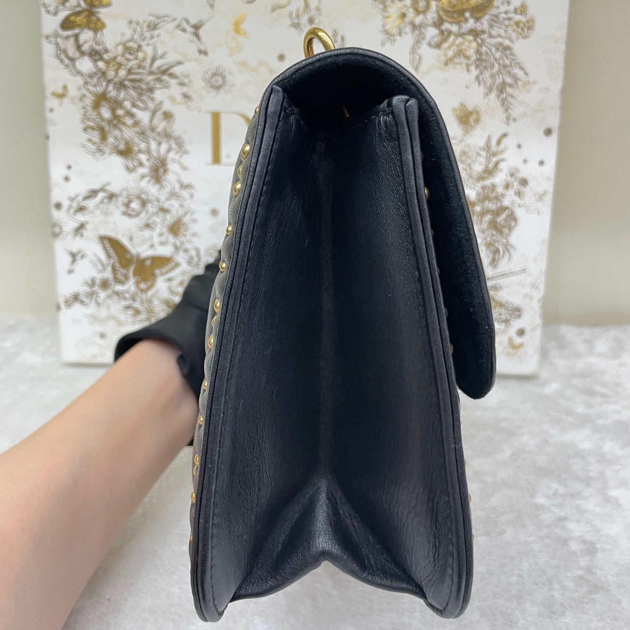 Pre-owned Certified Dior Dioraddict Black Lambskin Golden Studded, with Dior card, dust bag