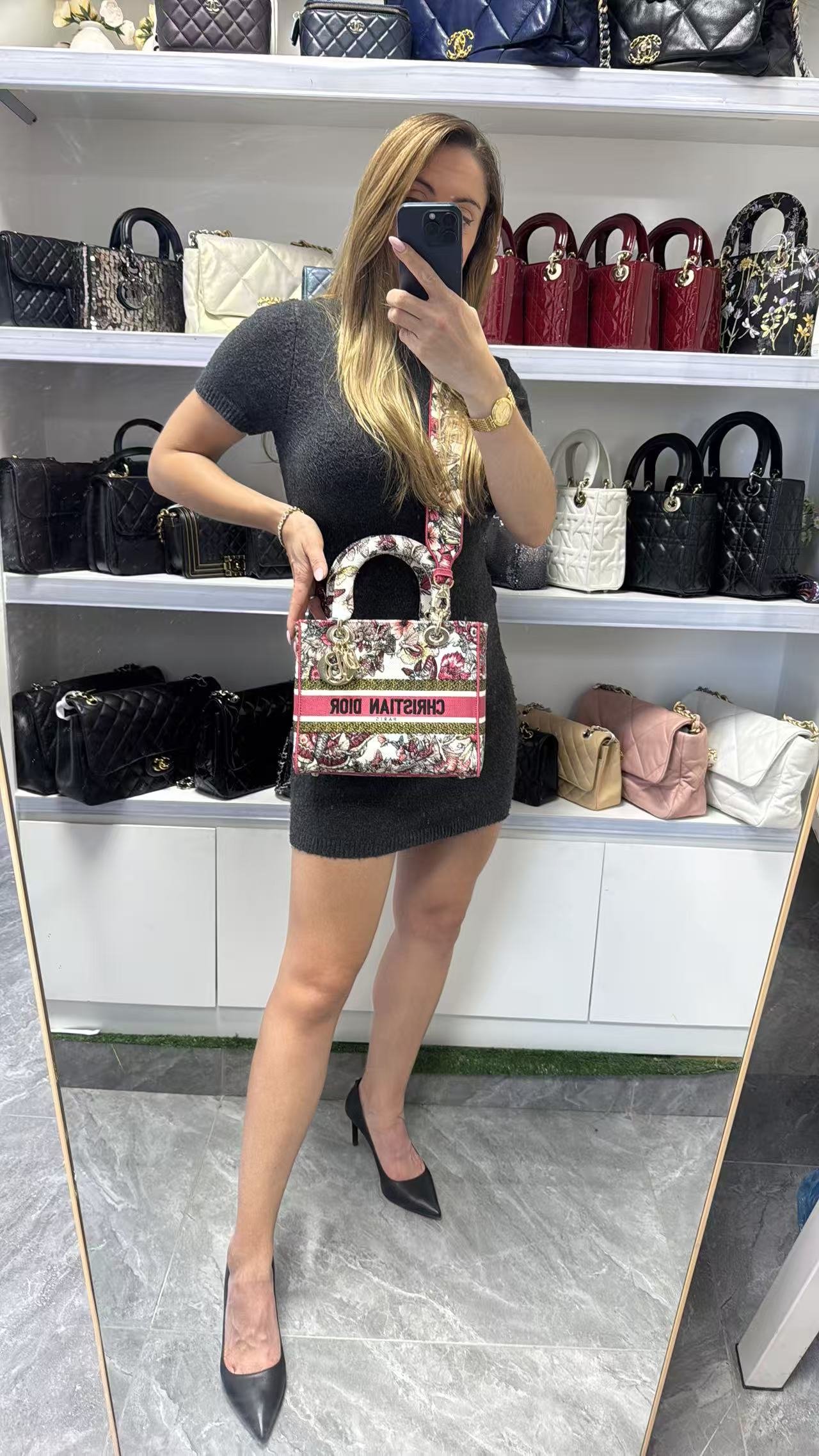 Pre-owned Certified Dior Lady D-Lite Medium Butterfly Floral Embroidered Canvas with Light Golden Hardware, 2021, w/ dust bag, strap