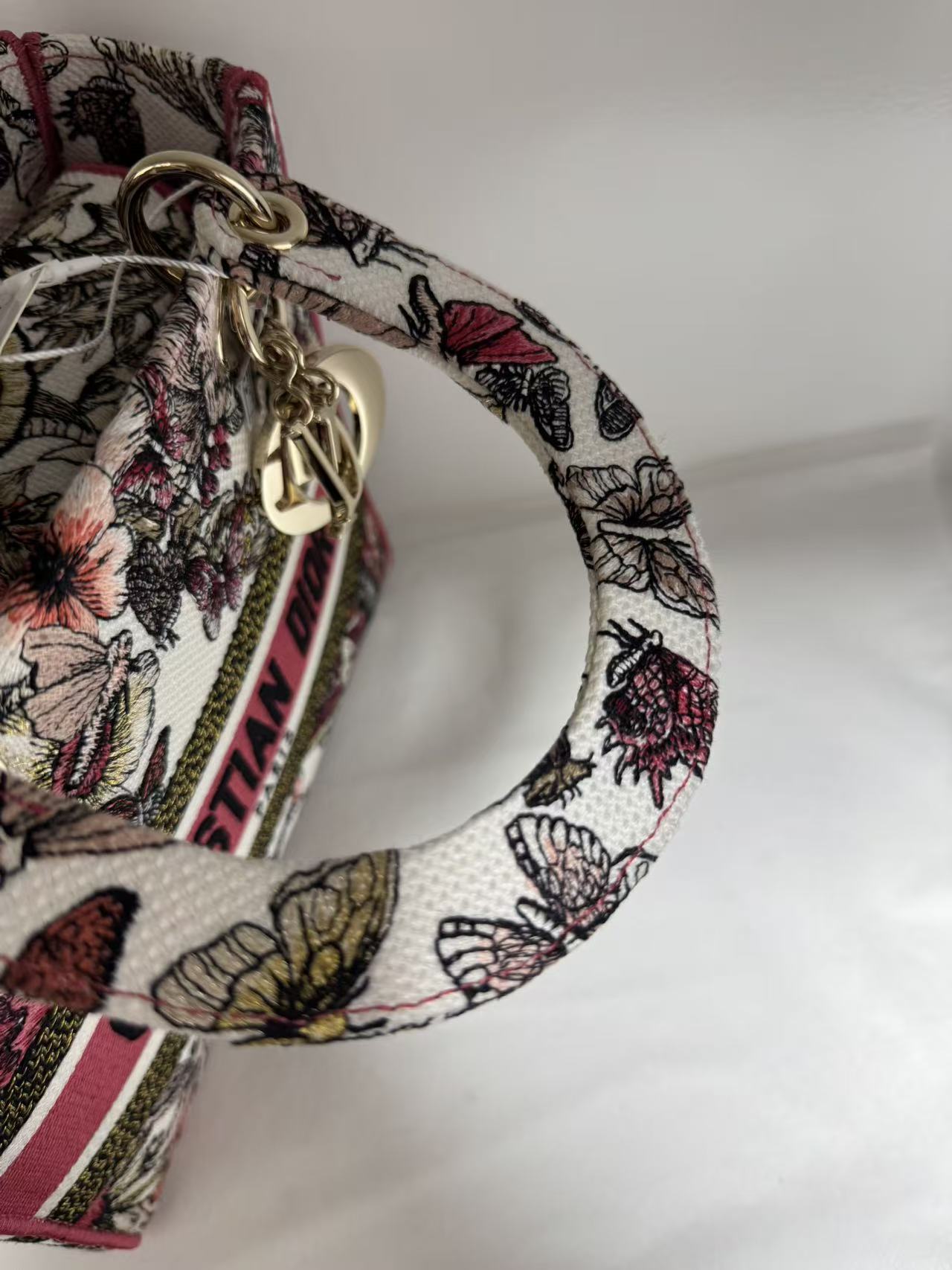 Pre-owned Certified Dior Lady D-Lite Medium Butterfly Floral Embroidered Canvas with Light Golden Hardware, 2021, w/ dust bag, strap