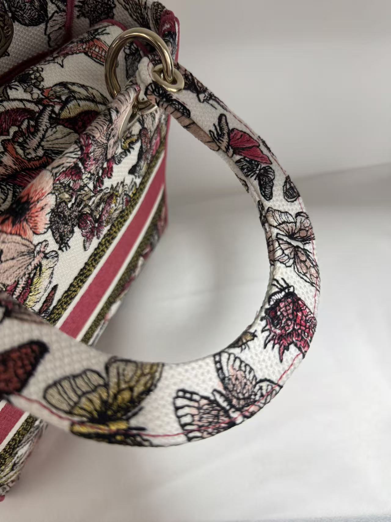 Pre-owned Certified Dior Lady D-Lite Medium Butterfly Floral Embroidered Canvas with Light Golden Hardware, 2021, w/ dust bag, strap