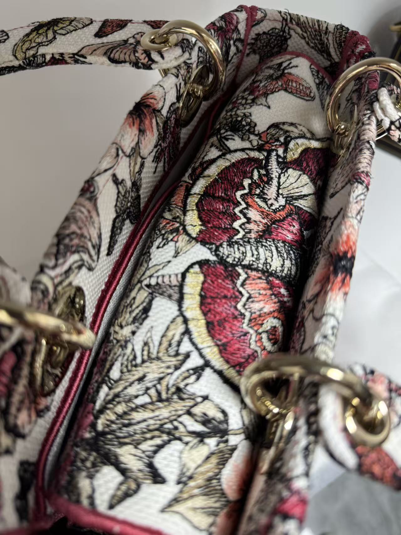 Pre-owned Certified Dior Lady D-Lite Medium Butterfly Floral Embroidered Canvas with Light Golden Hardware, 2021, w/ dust bag, strap