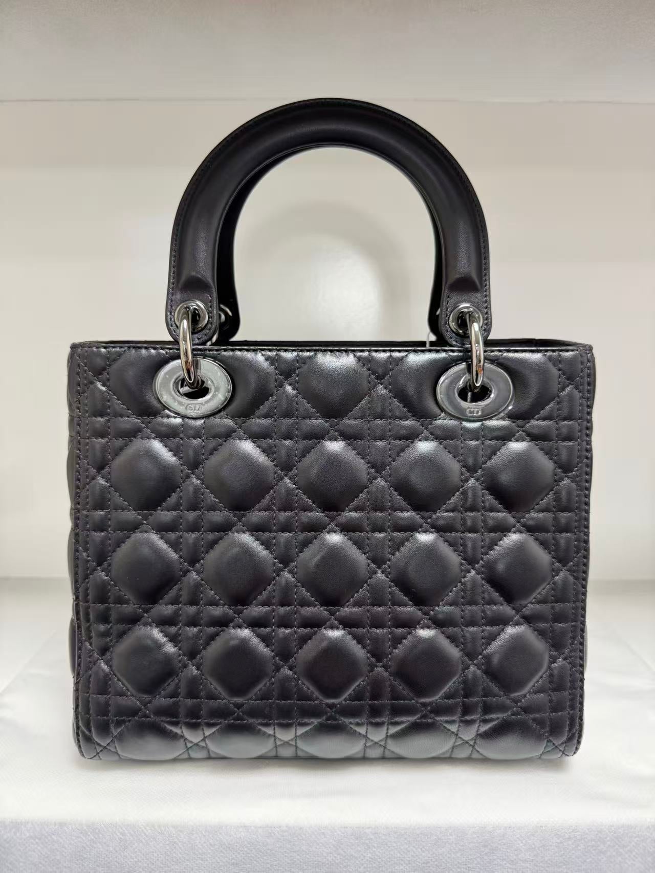 Pre-owned Certified Dior Medium Lady Dior Black Cannage Quilted Lambskin with Shiny Black Hardware, 2022, w/ Dior dust bag, leather strap