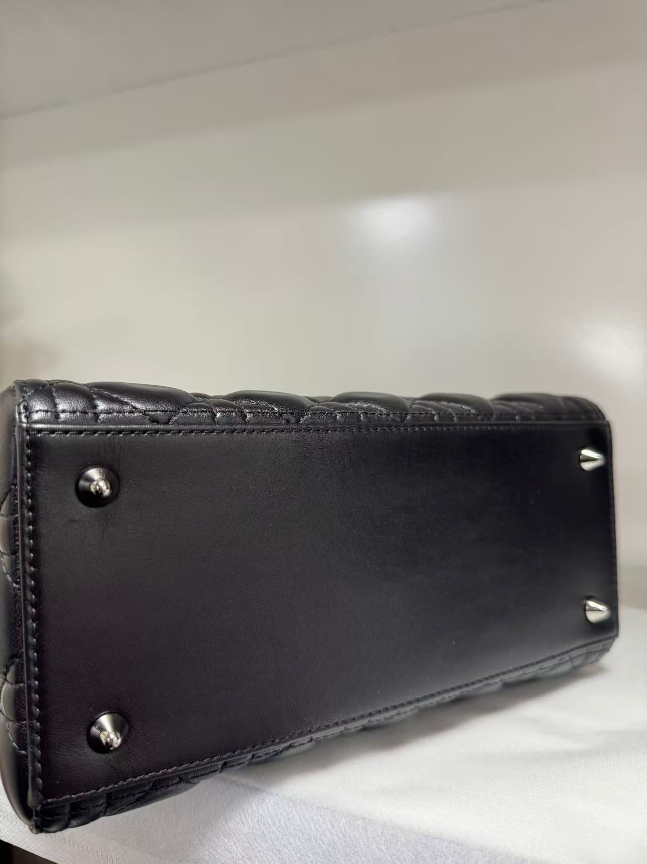 Pre-owned Certified Dior Medium Lady Dior Black Cannage Quilted Lambskin with Shiny Black Hardware, 2022, w/ Dior dust bag, leather strap