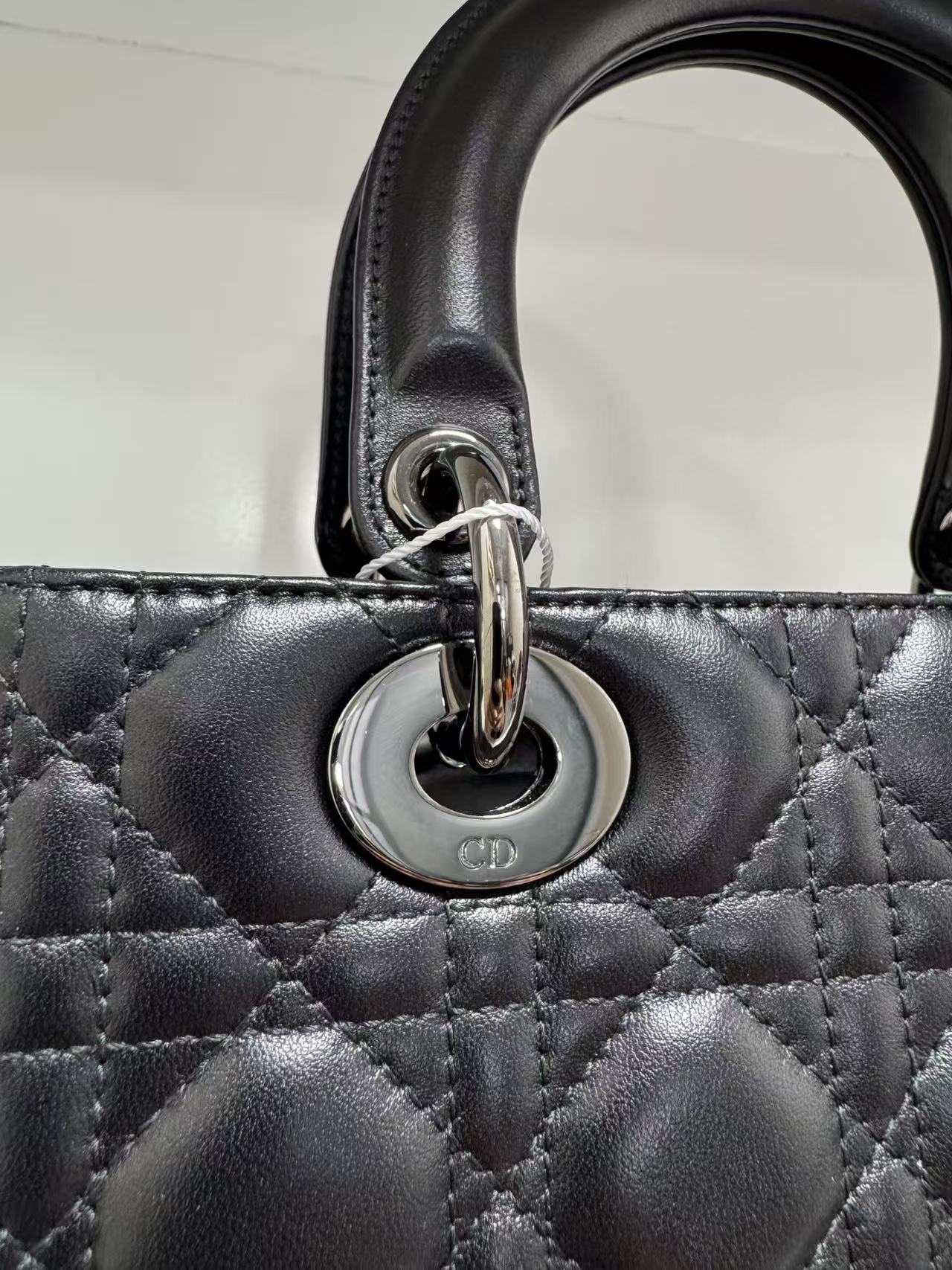 Pre-owned Certified Dior Medium Lady Dior Black Cannage Quilted Lambskin with Shiny Black Hardware, 2022, w/ Dior dust bag, leather strap