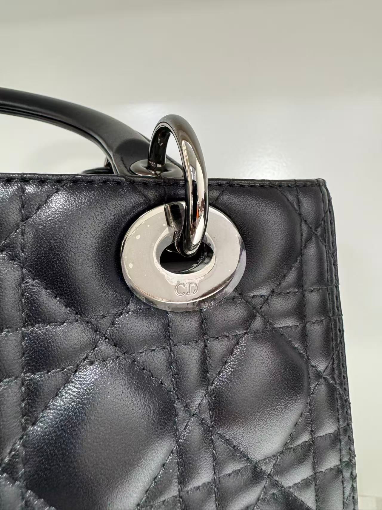 Pre-owned Certified Dior Medium Lady Dior Black Cannage Quilted Lambskin with Shiny Black Hardware, 2022, w/ Dior dust bag, leather strap