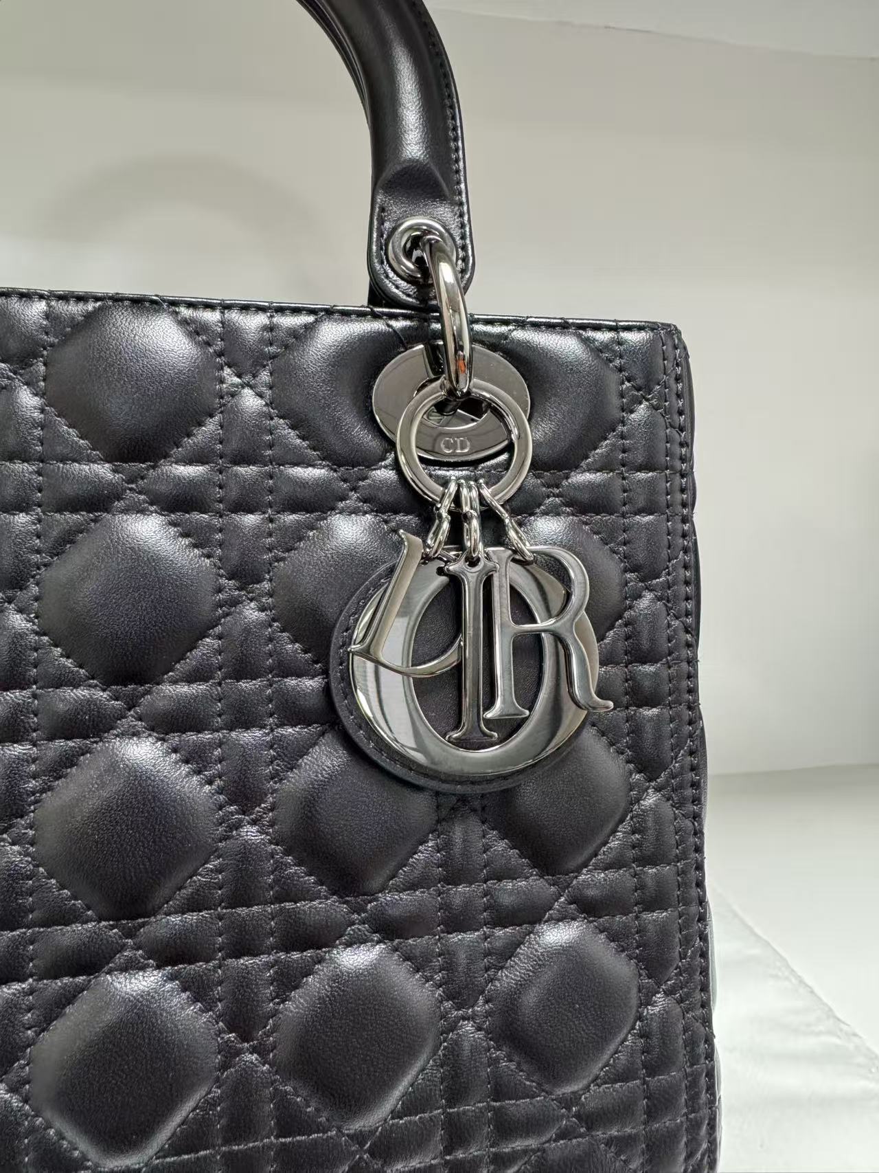 Pre-owned Certified Dior Medium Lady Dior Black Cannage Quilted Lambskin with Shiny Black Hardware, 2022, w/ Dior dust bag, leather strap
